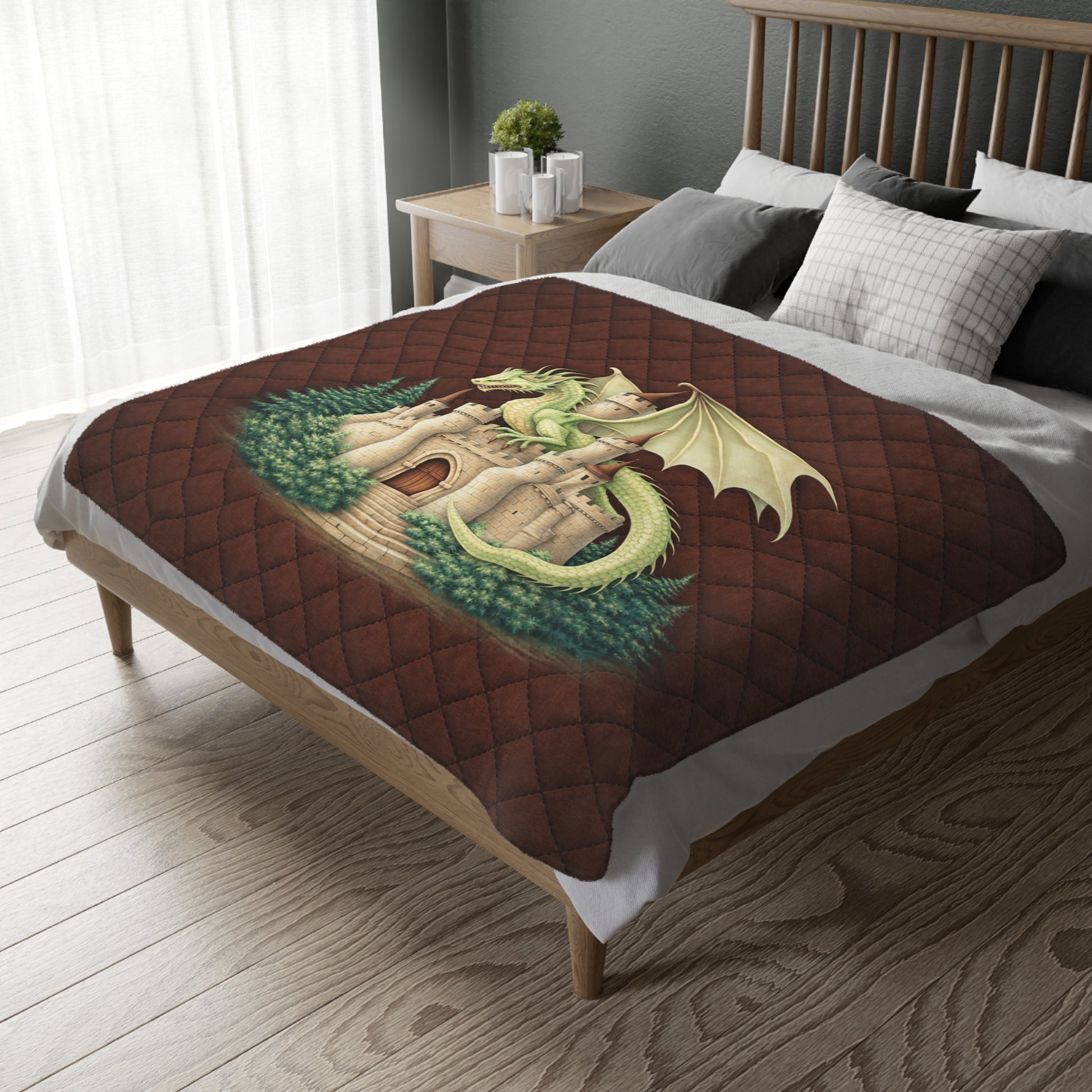 Dragon-themed quilt on a bed in a bedroom setting