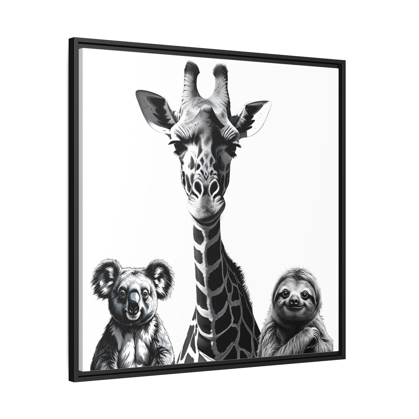 Framed artwork with a giraffe, koala, and sloth illustration on a white background