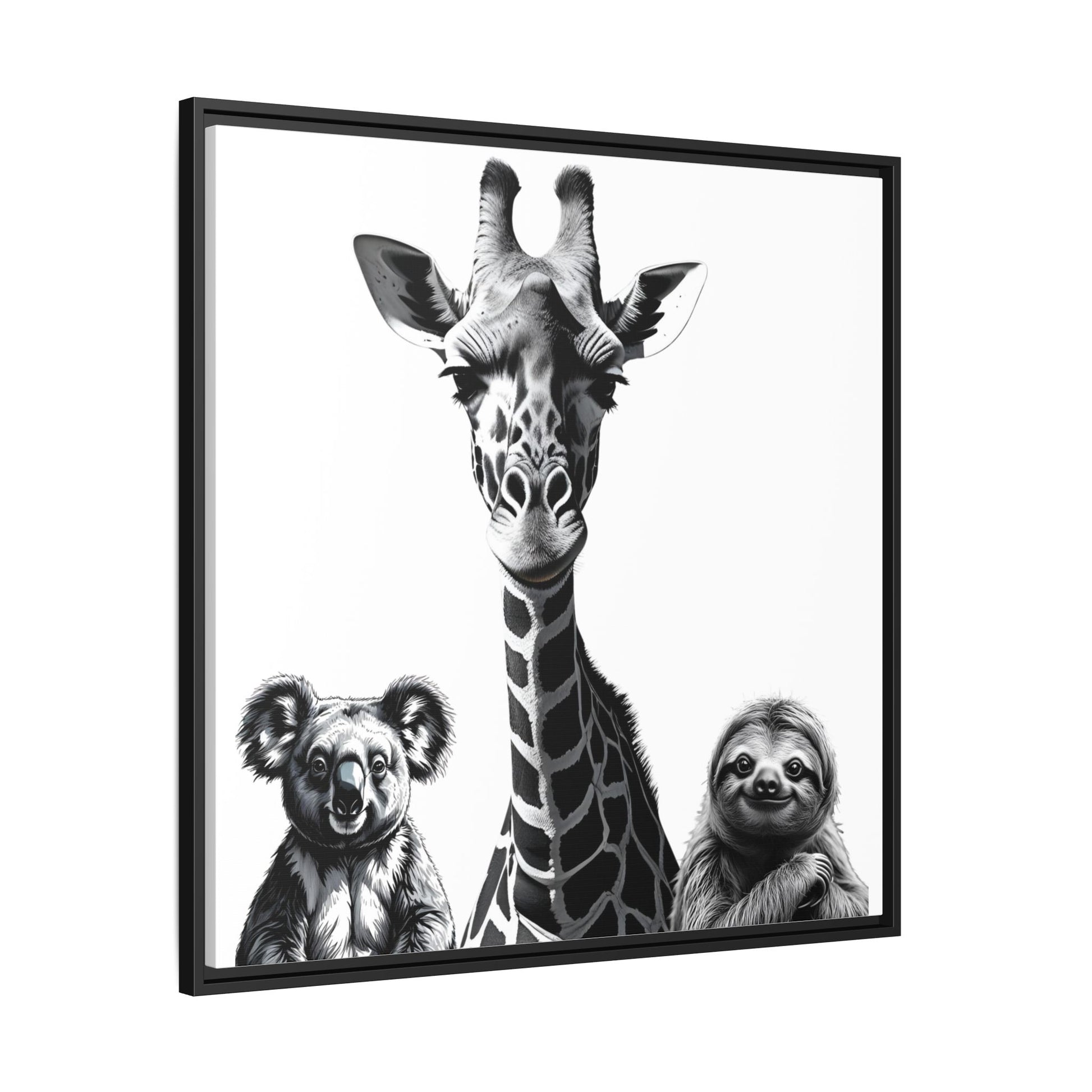 Framed artwork with a giraffe, koala, and sloth illustration on a white background