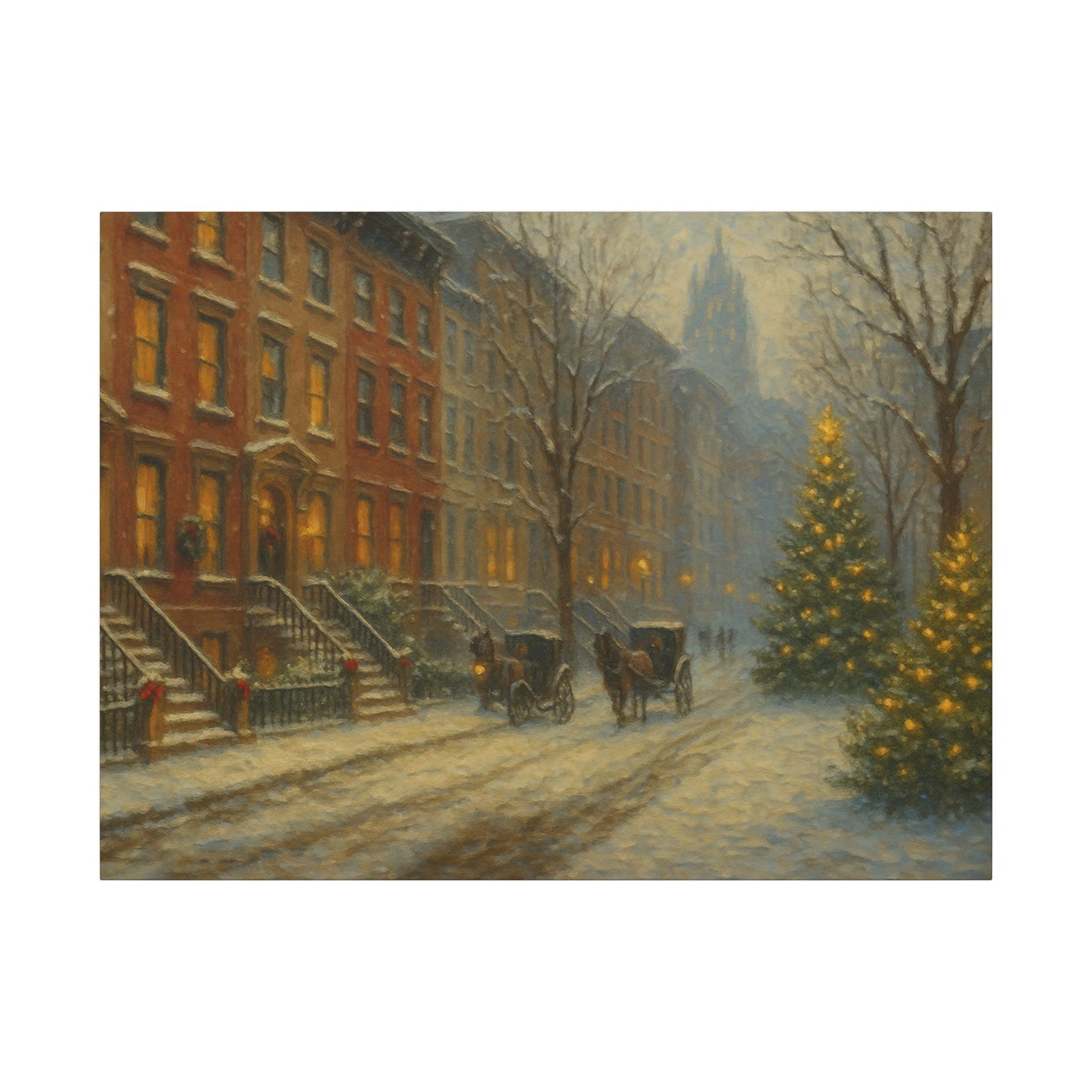 Painting of a snowy street scene with horse-drawn carriages and Christmas trees.