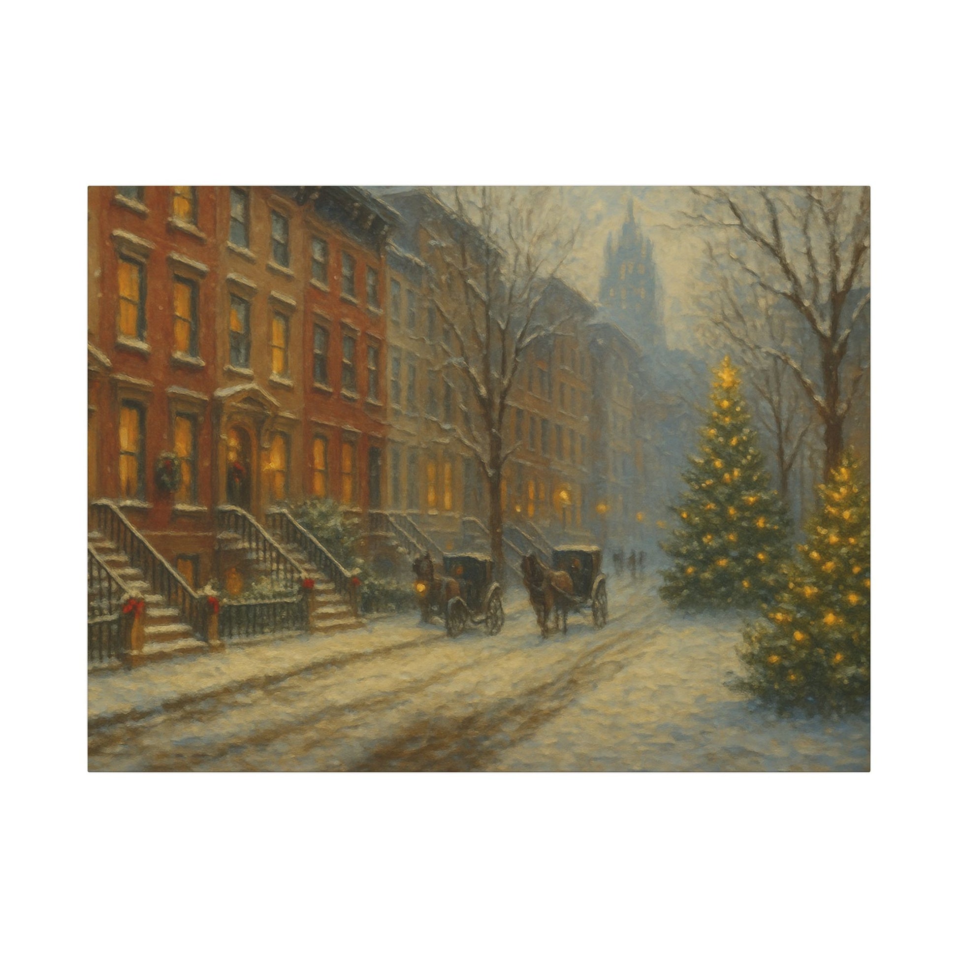 Painting of a snowy street scene with horse-drawn carriages and Christmas trees.