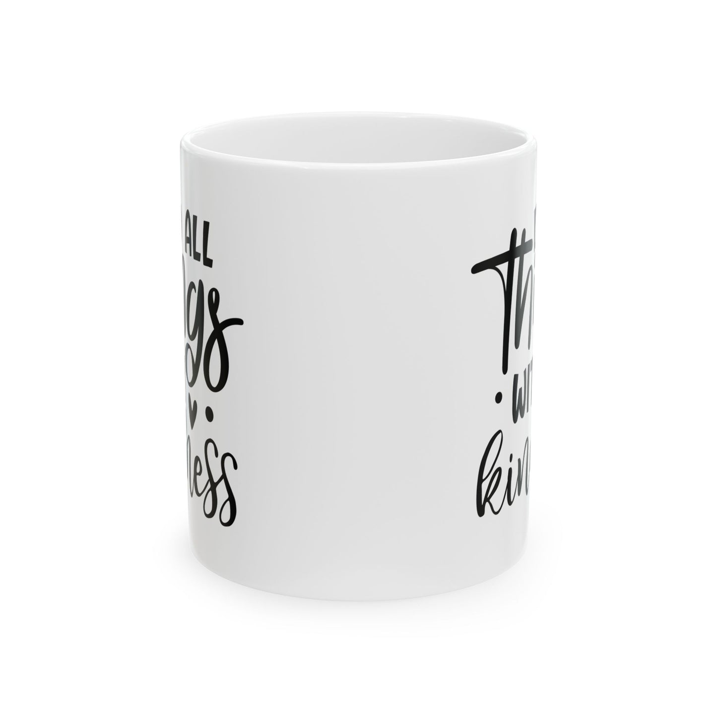 White mug with black text on a white background