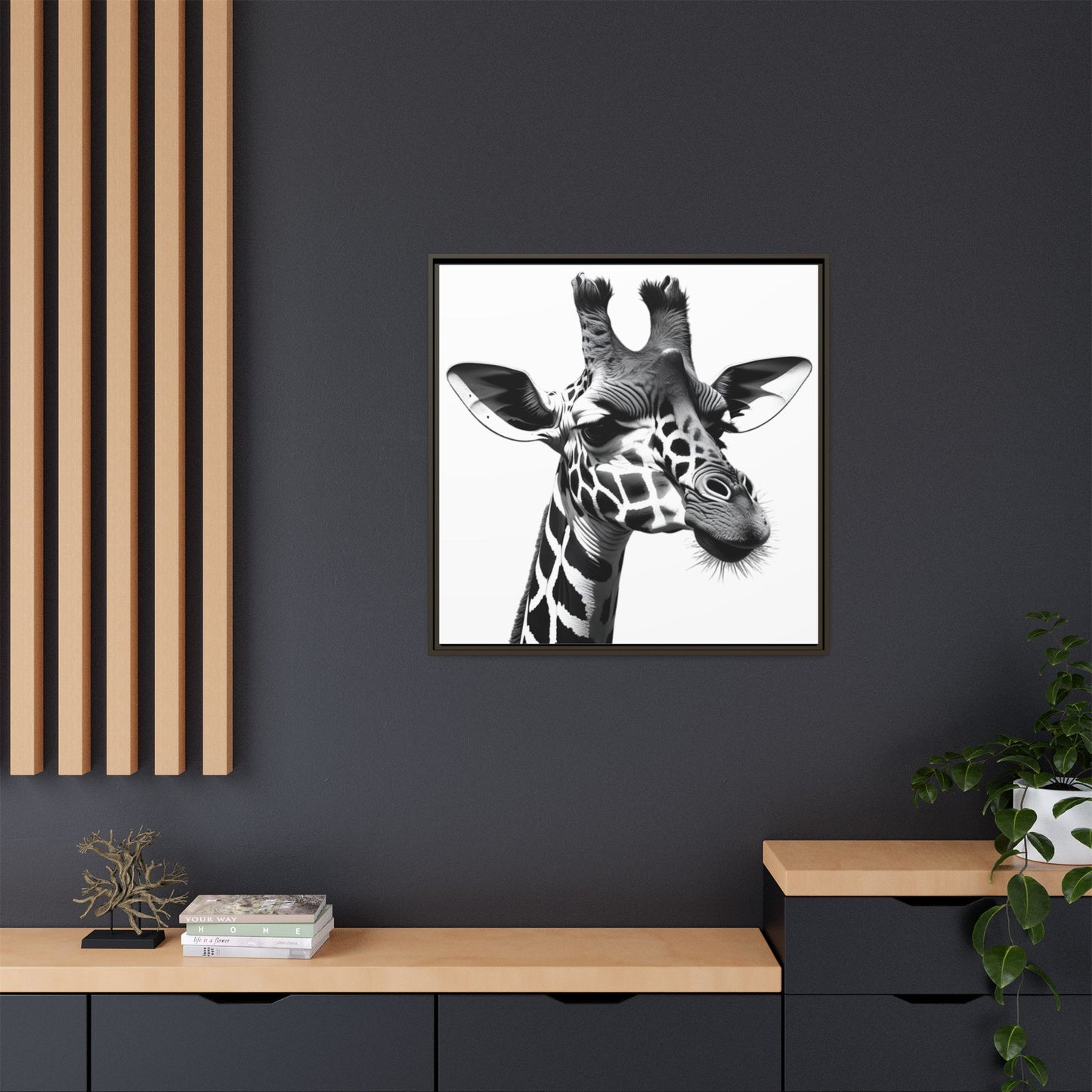 Black and White Giraffe Wall Art – Framed Safari Animal Canvas Print
