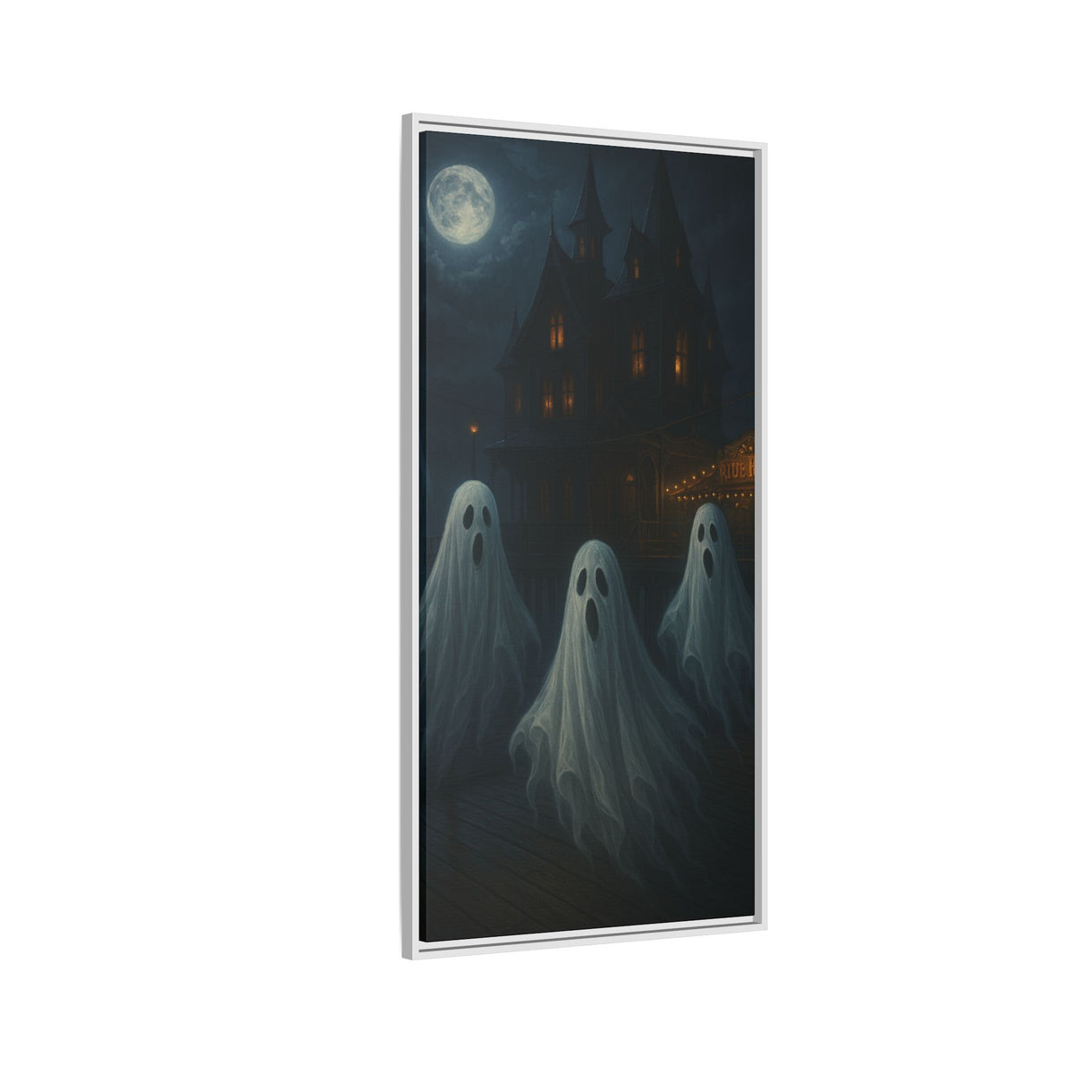 Haunted House Ghost Canvas Wall Art – Spooky Halloween Framed Art, Vintage Horror Decor, Gothic Night Scene Print