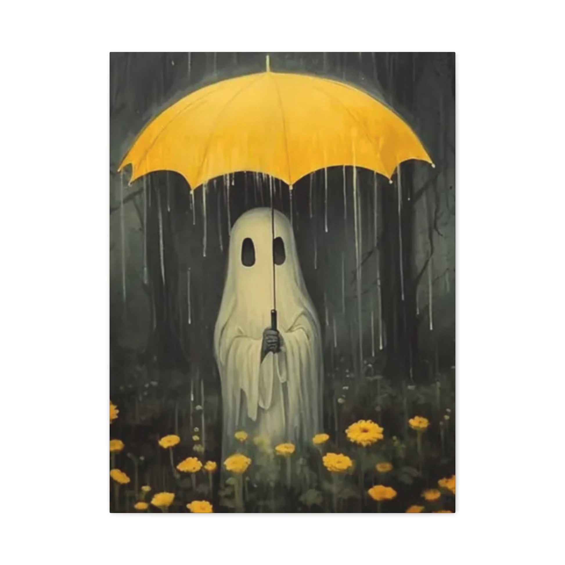 Ghost holding a yellow umbrella in a rain-soaked forest with yellow flowers.