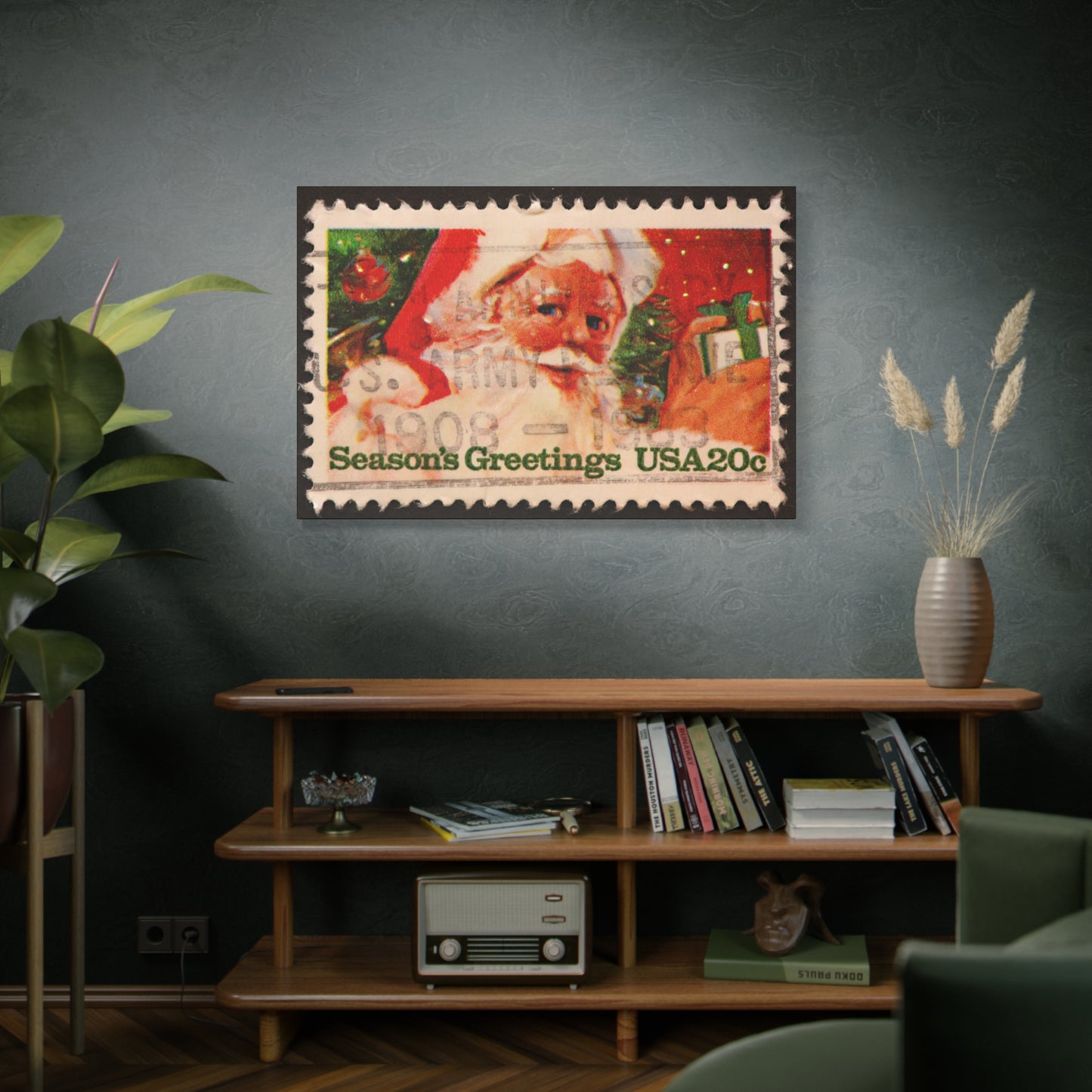 Vintage Santa Claus Stamp Wall Art US Army Postmark | Christmas Decor Mantle Art