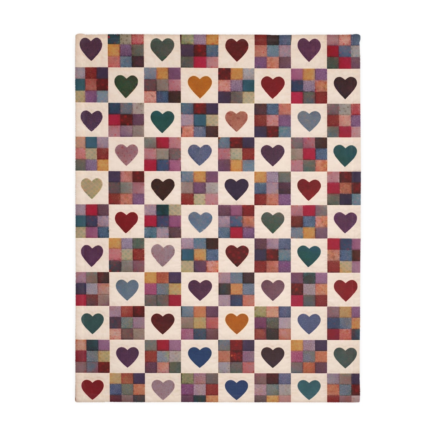 Throw with a pattern of colorful hearts on a checkered background