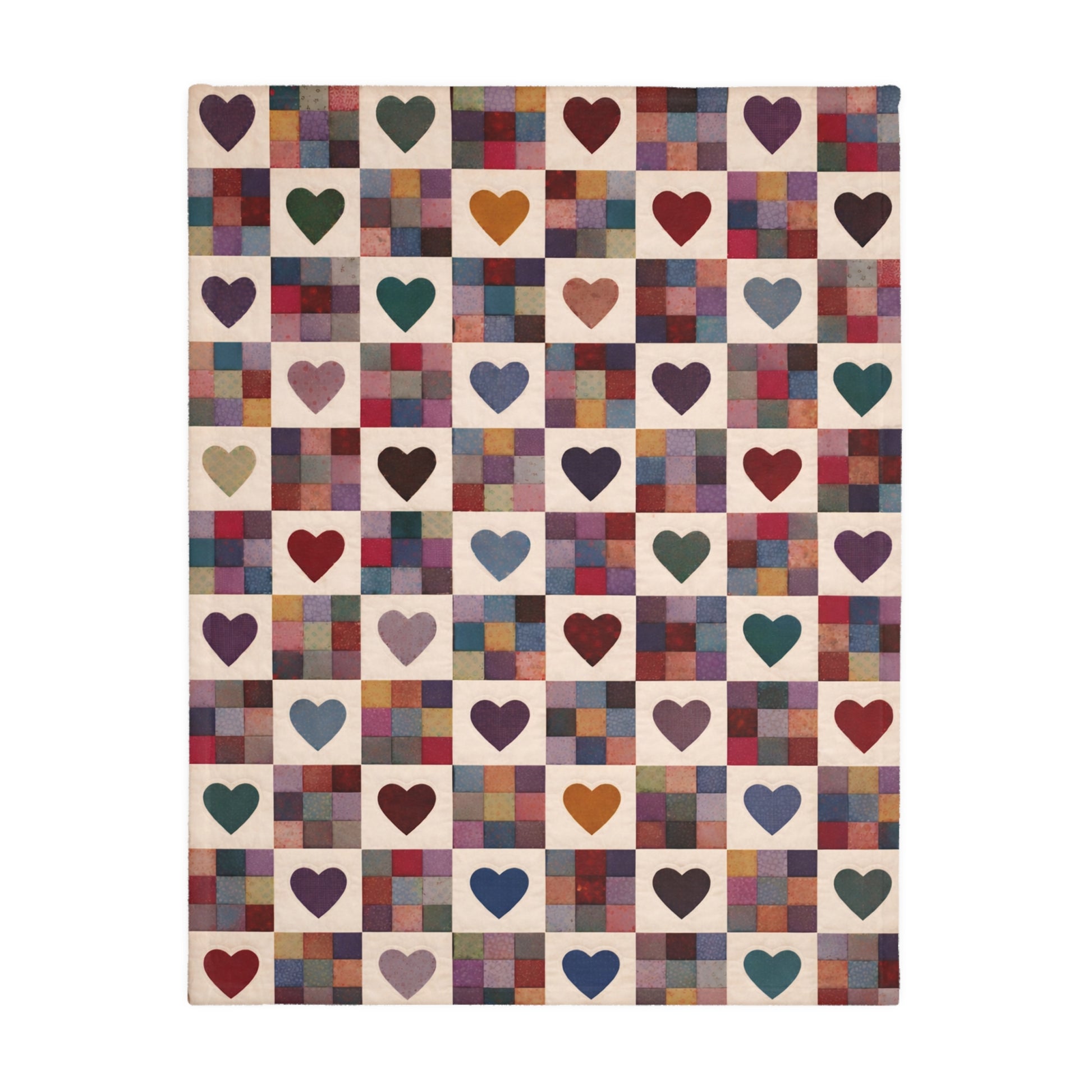 Throw with a pattern of colorful hearts on a checkered background