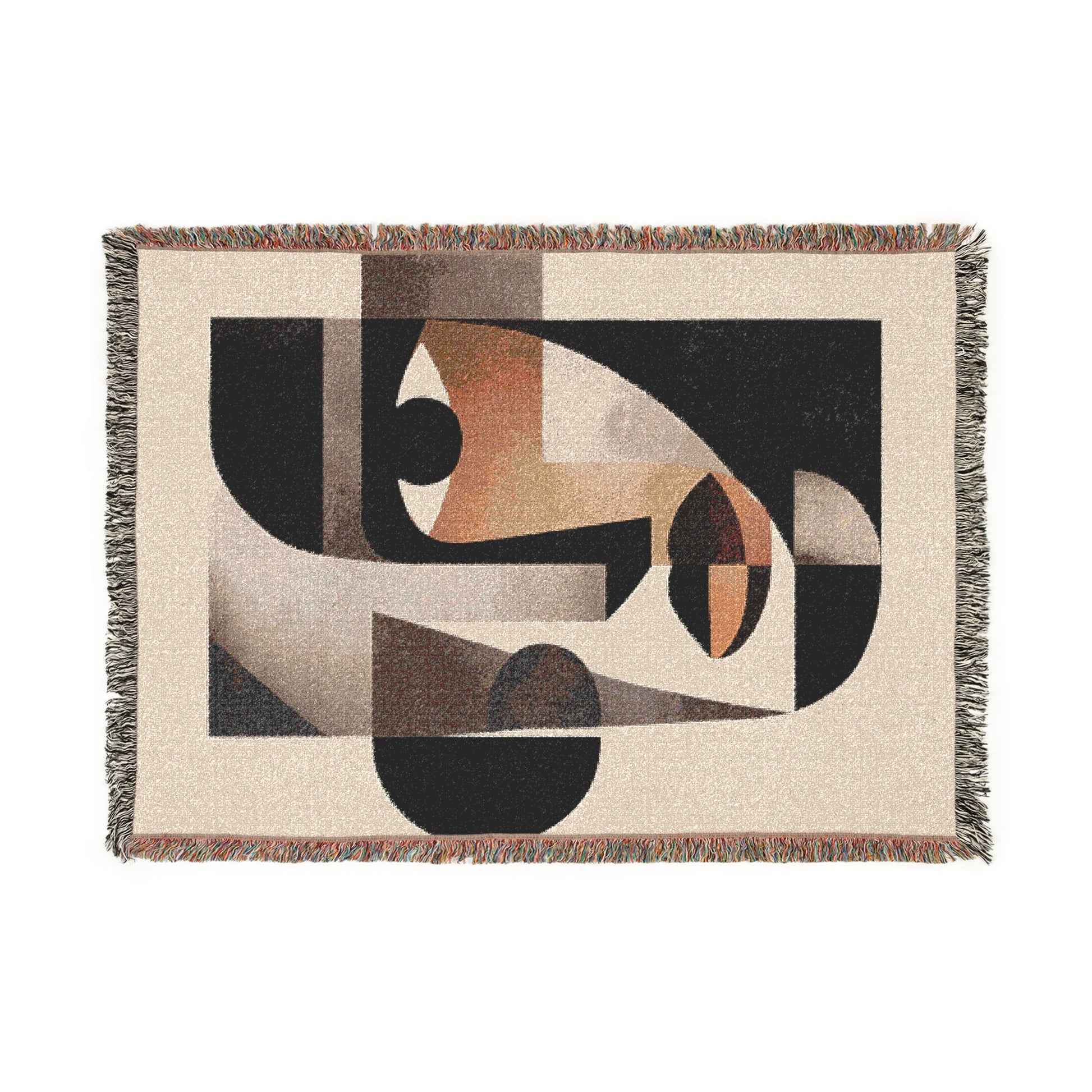 Abstract geometric rug with black, brown, and beige colors on a white background