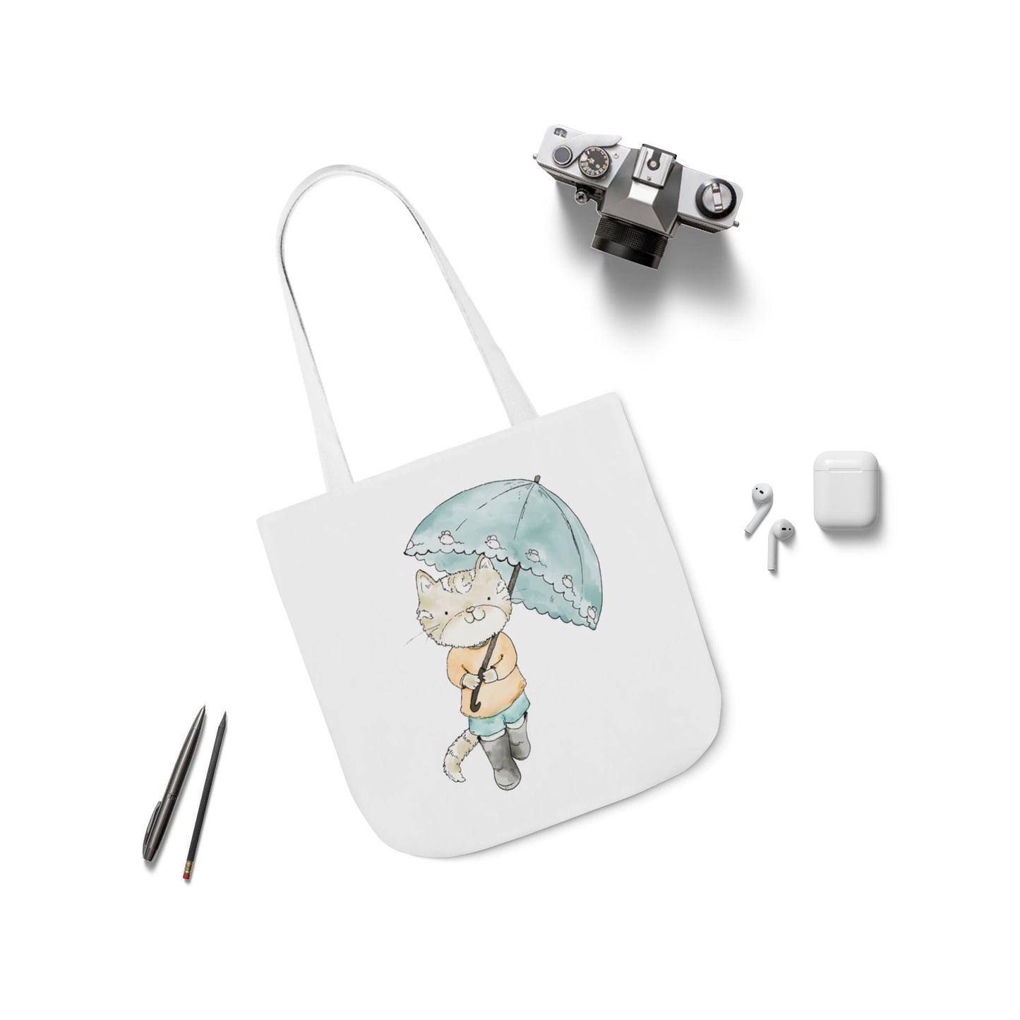 Cat Lover Tote Bag Cute Kitty with Umbrella Rain Boots Cat Lover Eco Tote Bag