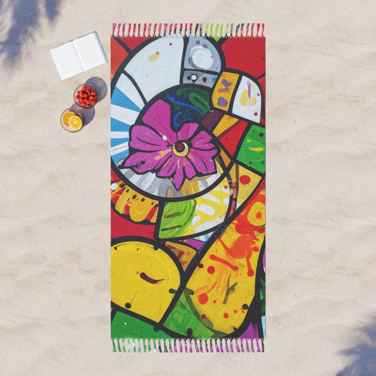 Boho Floral Mosaic Beach Towel | Colorful Fringe Cotton Towel | Summer Beach Essential