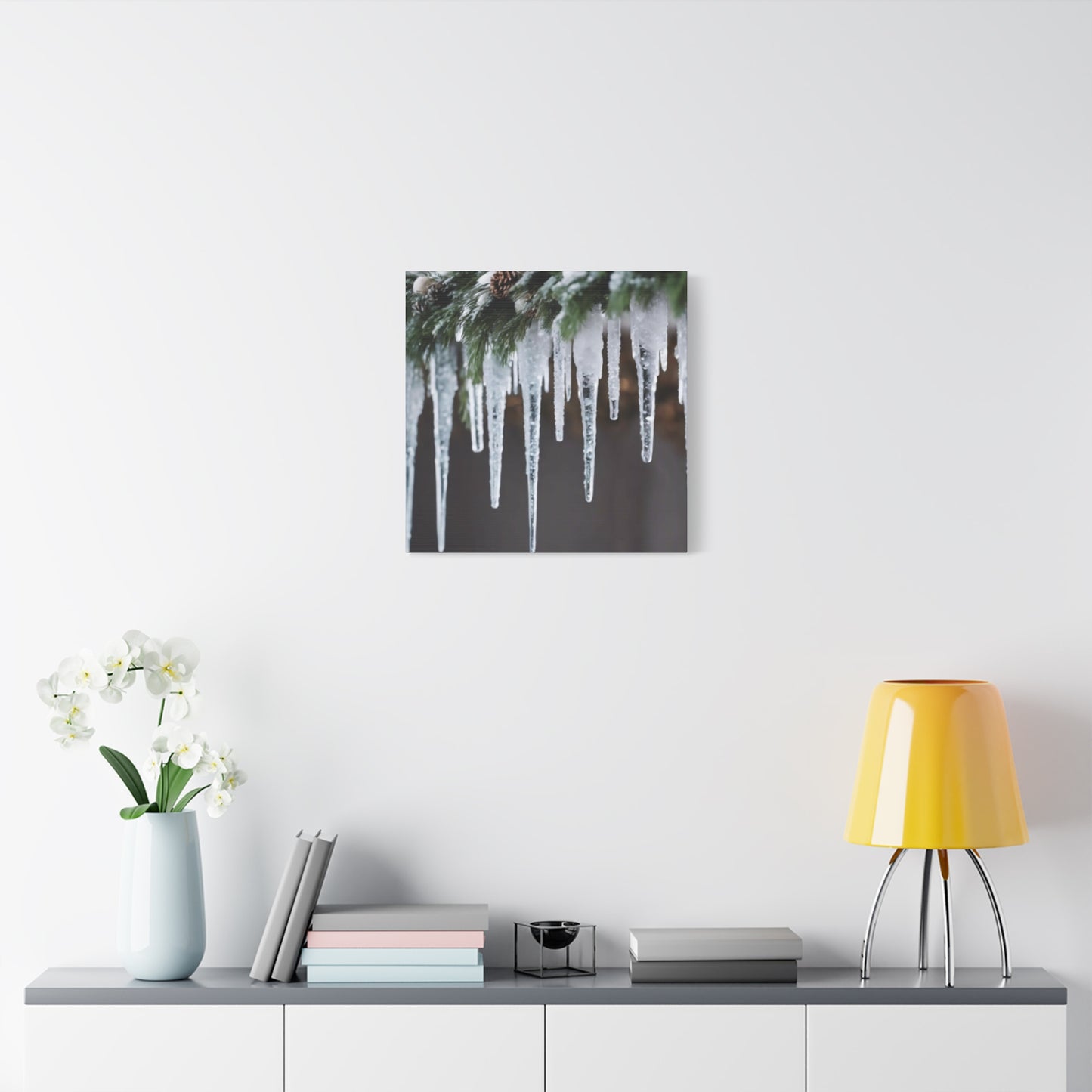 Winter Icicles Pine Branch Canvas Art: Holiday Home Decor, Stretched, 1.25"