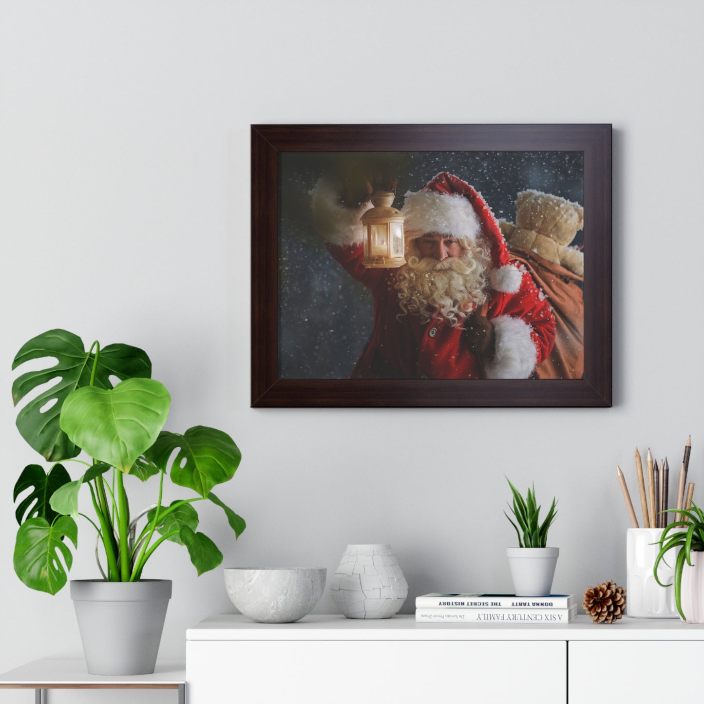 Christmas Wall Art Vintage Santa Claus with Lantern and Toy Bag | Vintage Mantle Art