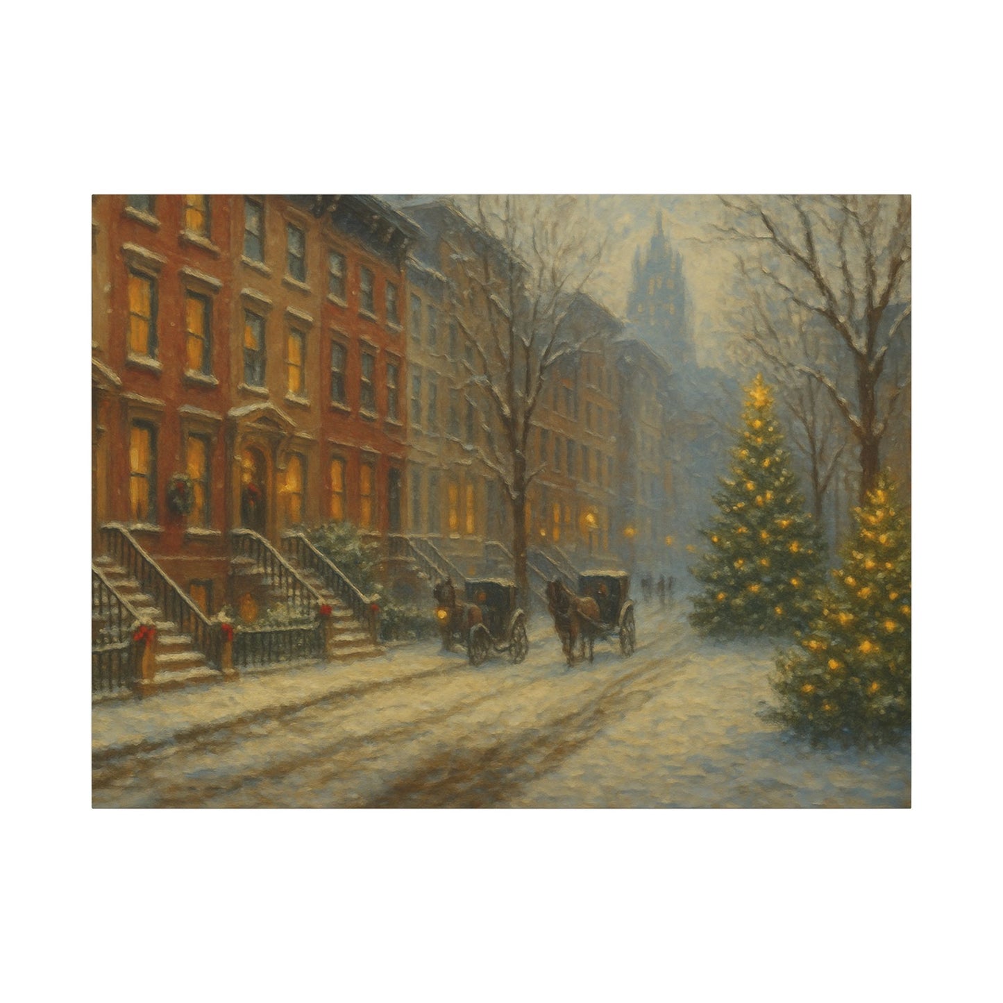 Painting of a snowy street scene with horse-drawn carriages and Christmas trees.
