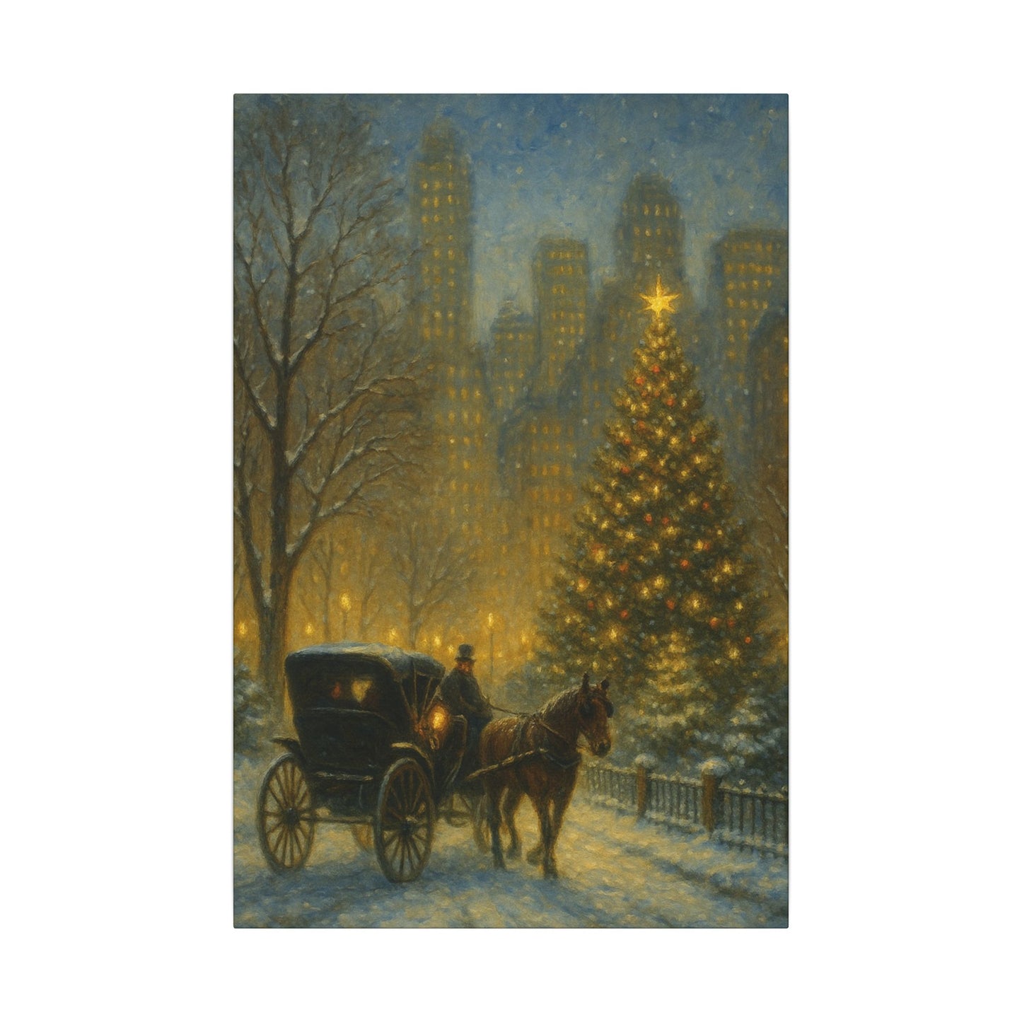 Vintage carriage with a horse in front of a Christmas tree and city skyline at night.