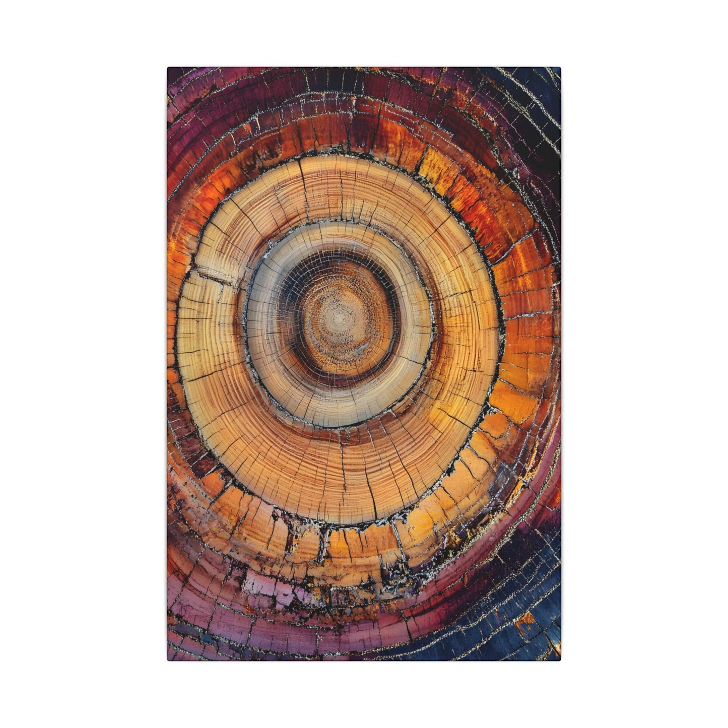 Close-up of a tree trunk cross-section with concentric rings on a white background