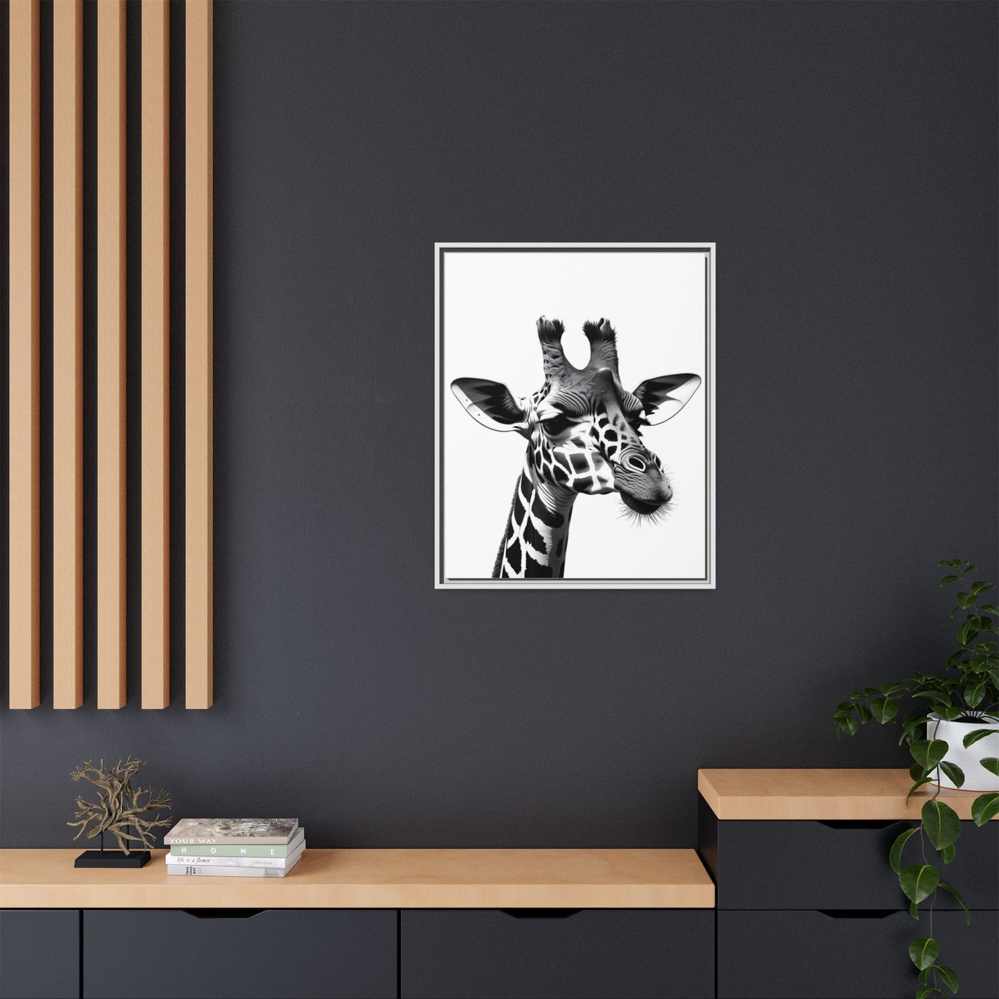 Black and White Giraffe Wall Art – Framed Safari Animal Canvas Print