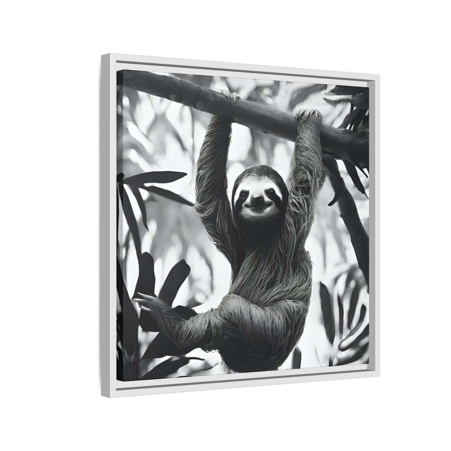 Playful Sloth Hanging from Tree Branch Black & White Animal Wall Art, Cute Sloth Photography Print, Jungle Theme Home Deco