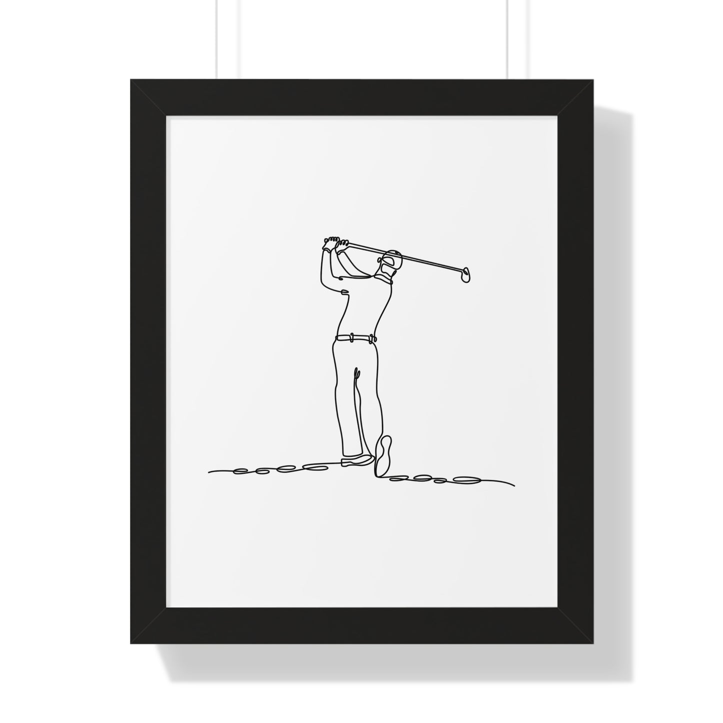 Framed black and white line drawing of a golfer on a white background