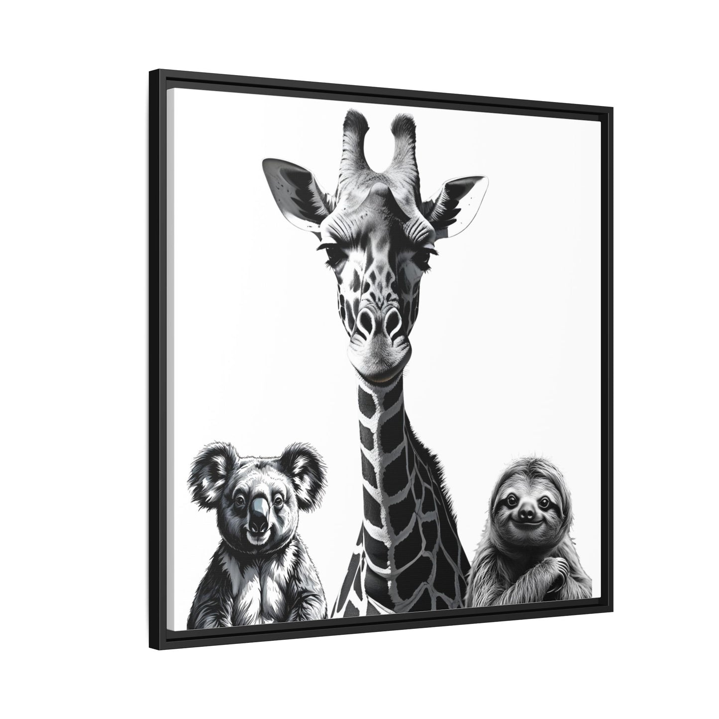 Framed artwork with a giraffe, koala, and sloth on a white background