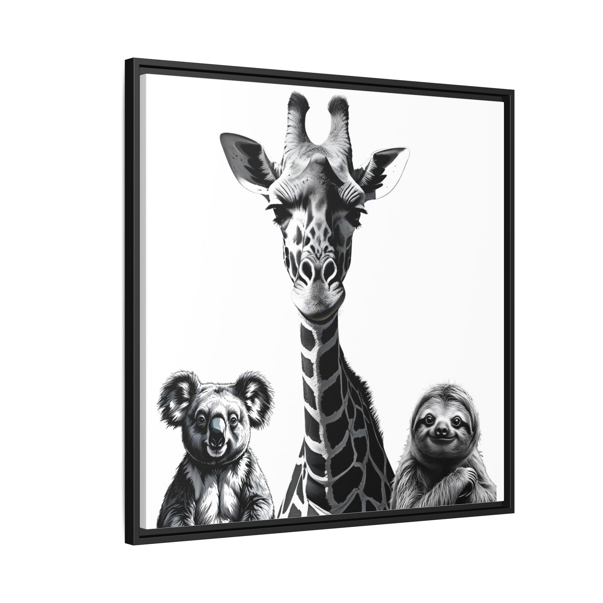 Framed artwork with a giraffe, koala, and sloth on a white background