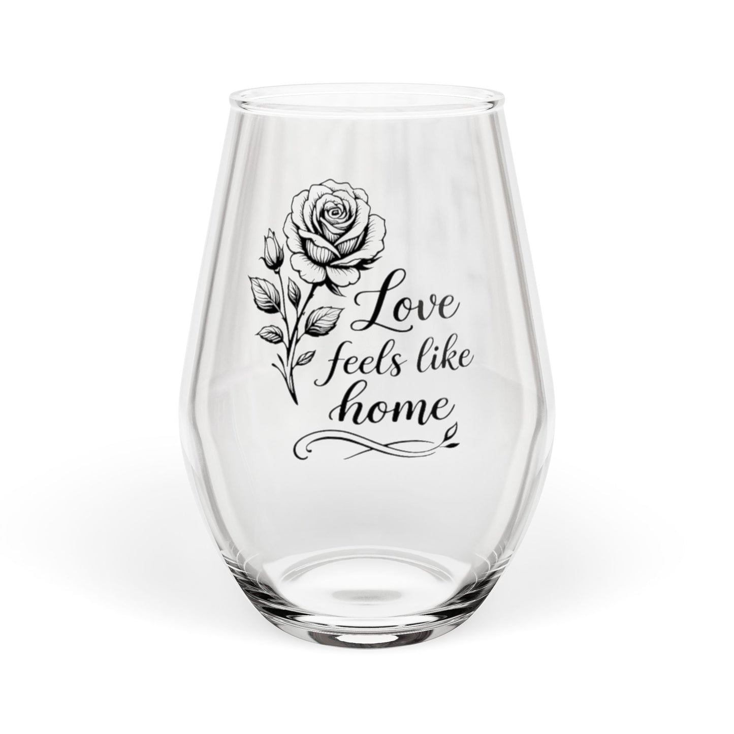Love Feels Like Home Rose Stemless Wine Glass – Romantic Floral Gift, 11.75oz