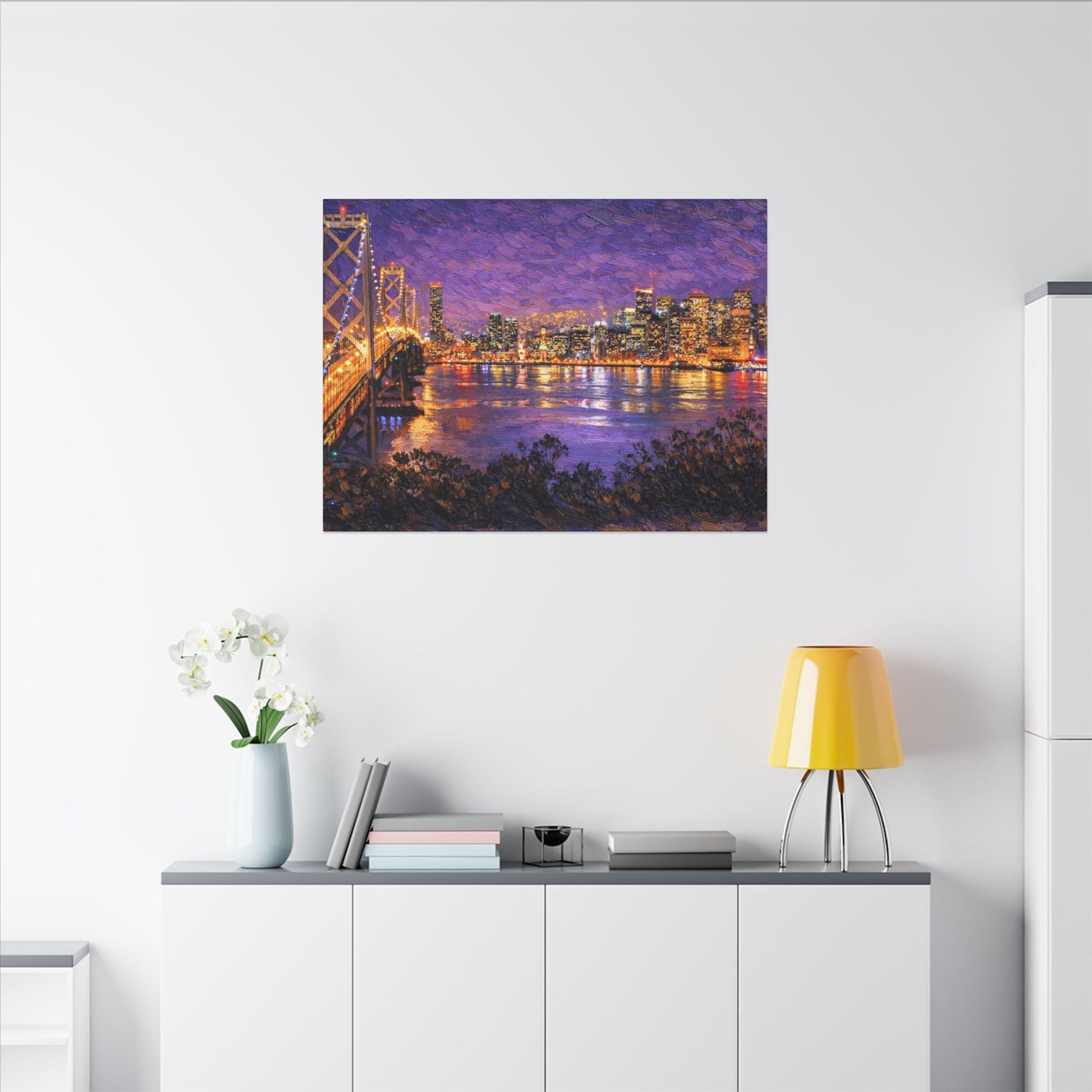 San Francisco Skyline Canvas Wall Art, Bay Bridge Night Painting, Impasto Style Artwork