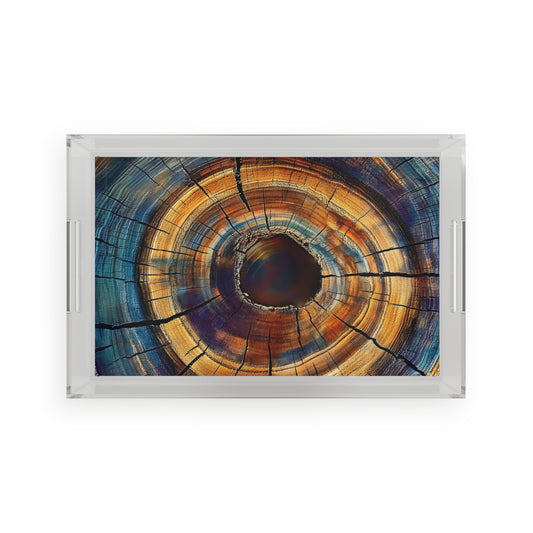 Abstract Wood Ring Art, Acrylic Serving Tray, Modern Colorful Tree Ring Coffee Table Tray