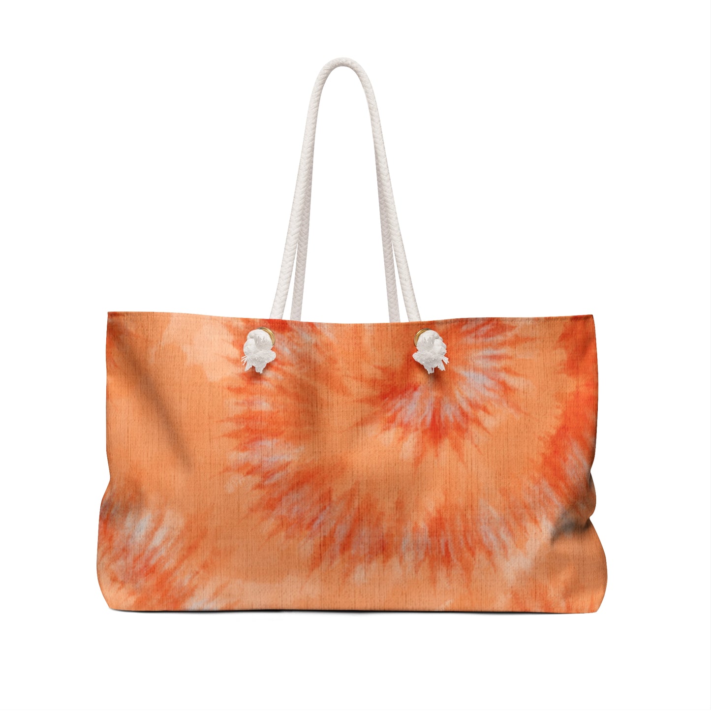 Tie-dye patterned bag with white handles on a white background