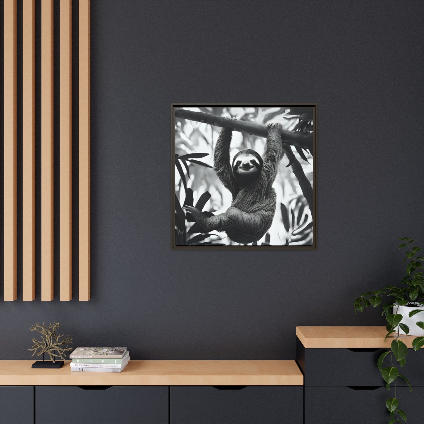 Playful Sloth Hanging from Tree Branch Black & White Animal Wall Art, Cute Sloth Photography Print, Jungle Theme Home Deco
