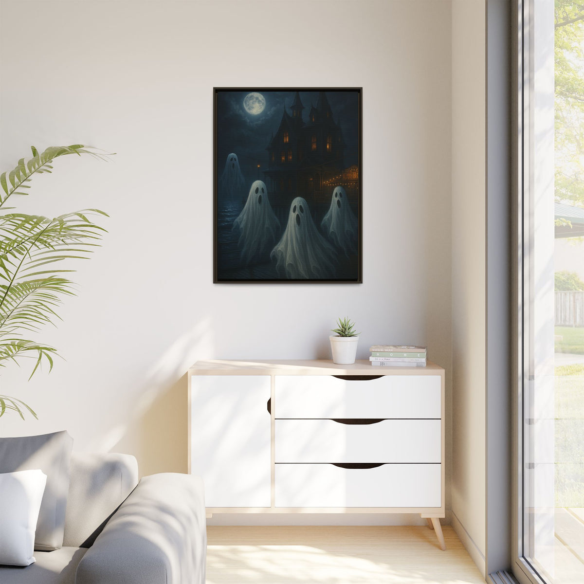 Haunted House Ghost Canvas Wall Art – Spooky Halloween Framed Art, Vintage Horror Decor, Gothic Night Scene Print