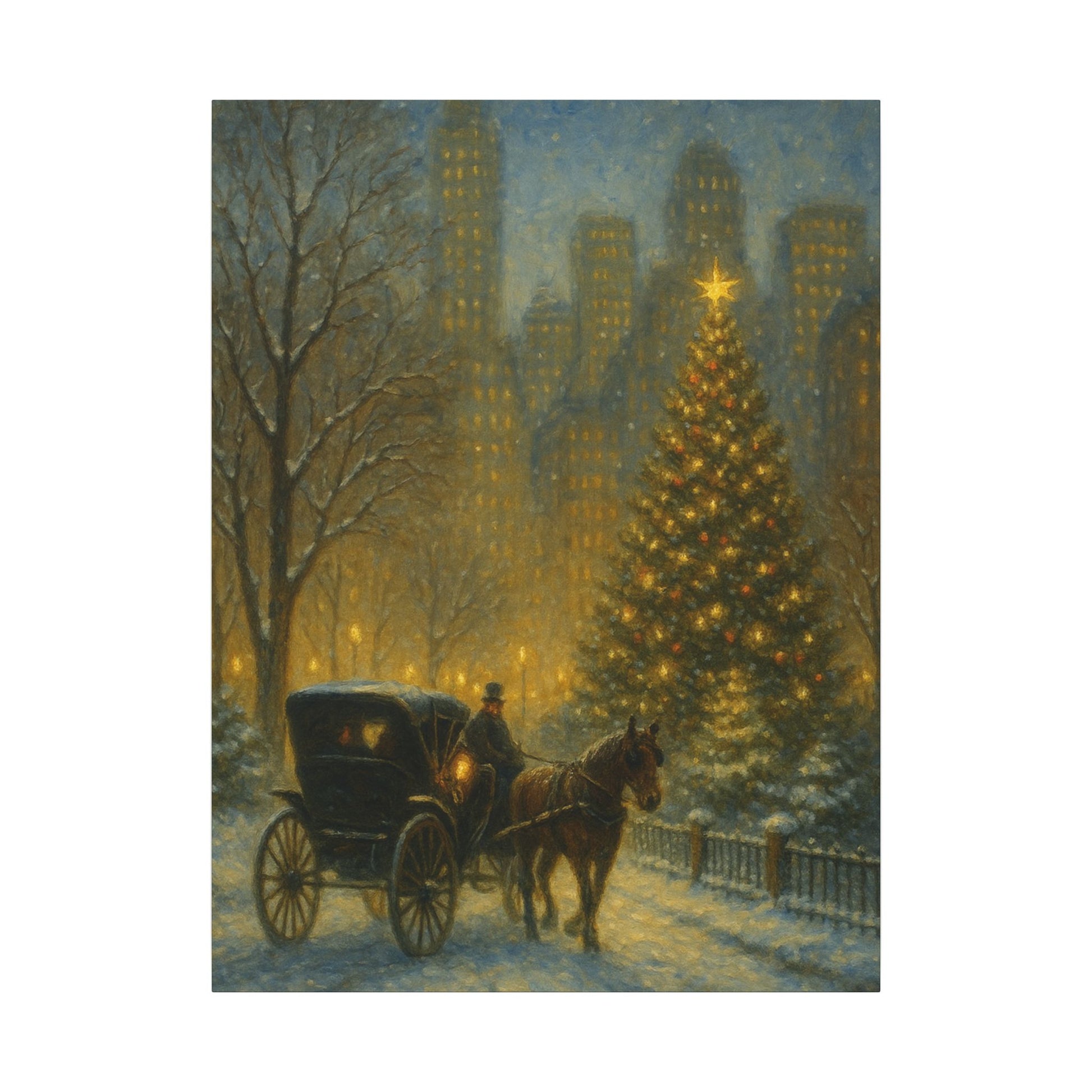 Painting of a horse-drawn carriage in a snowy city street with a Christmas tree.