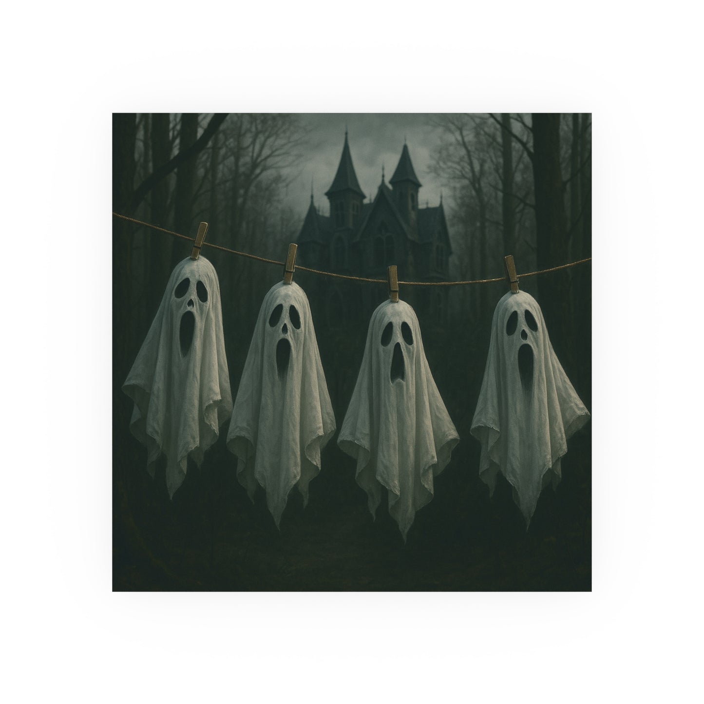 Four ghostly figures hanging on a line with a spooky castle in the background.