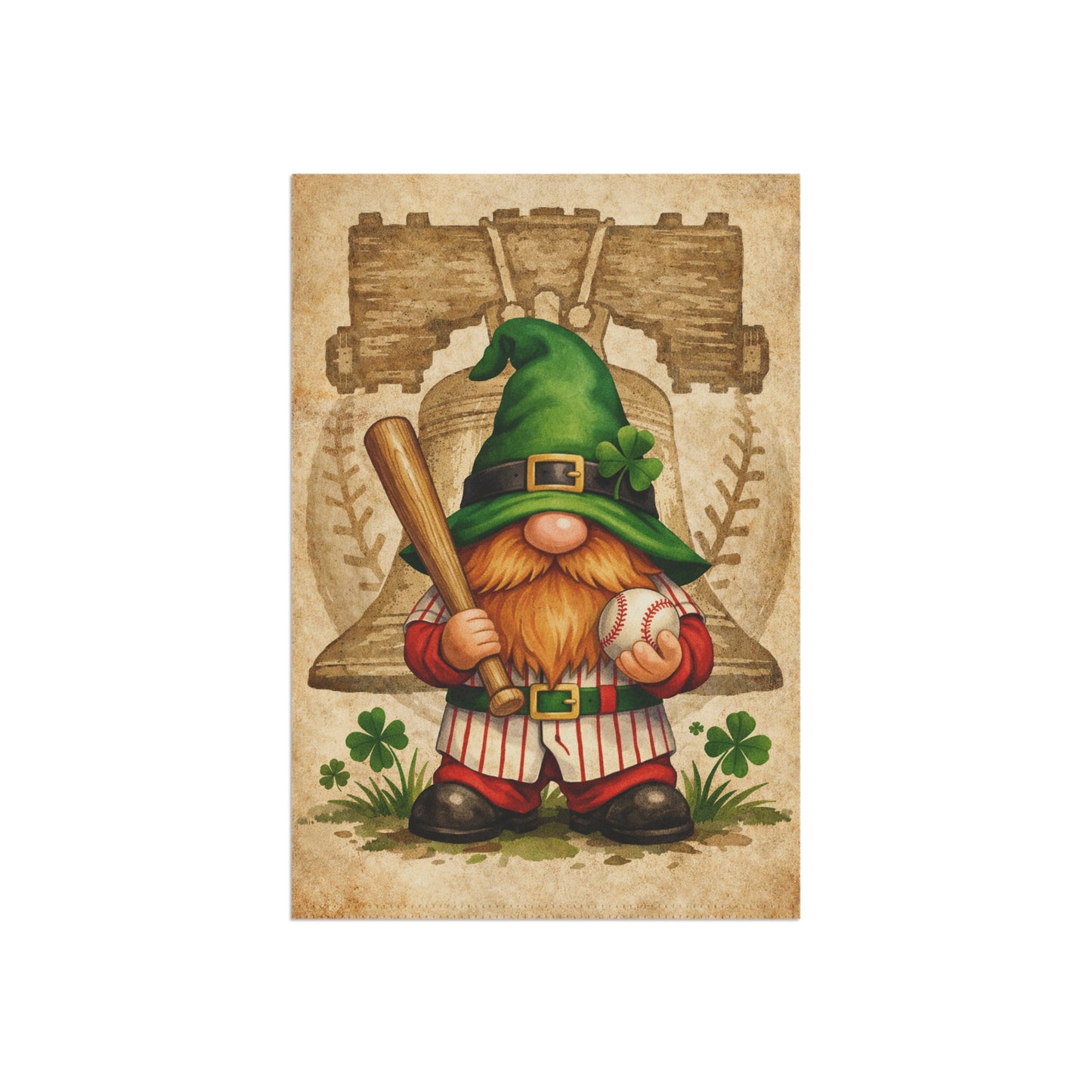 St Patrick’s Day Gnome Garden Flag – Irish Baseball Gnome with Liberty Bell & Shamrocks | Green Outdoor Decor