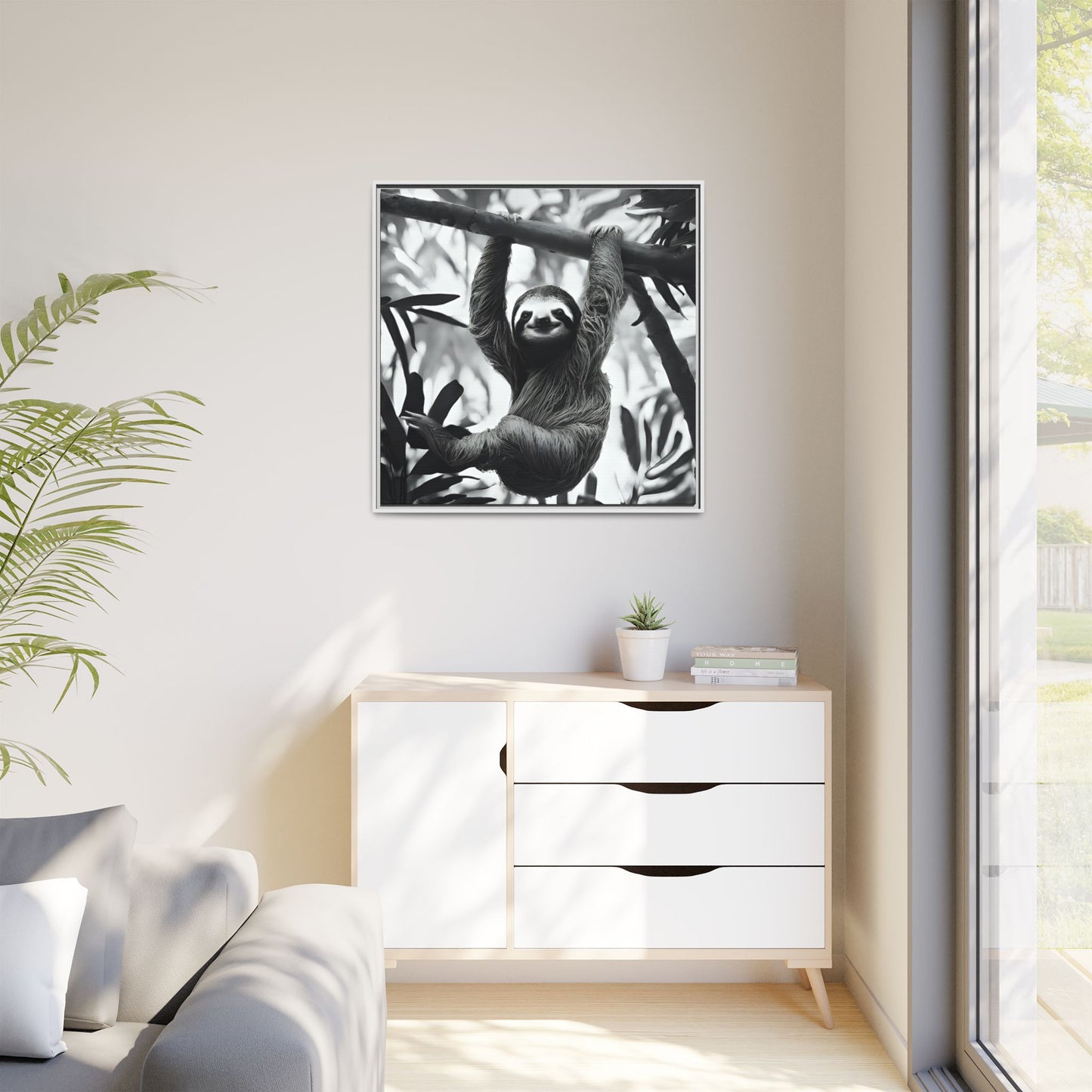 Playful Sloth Hanging from Tree Branch Black & White Animal Wall Art, Cute Sloth Photography Print, Jungle Theme Home Deco