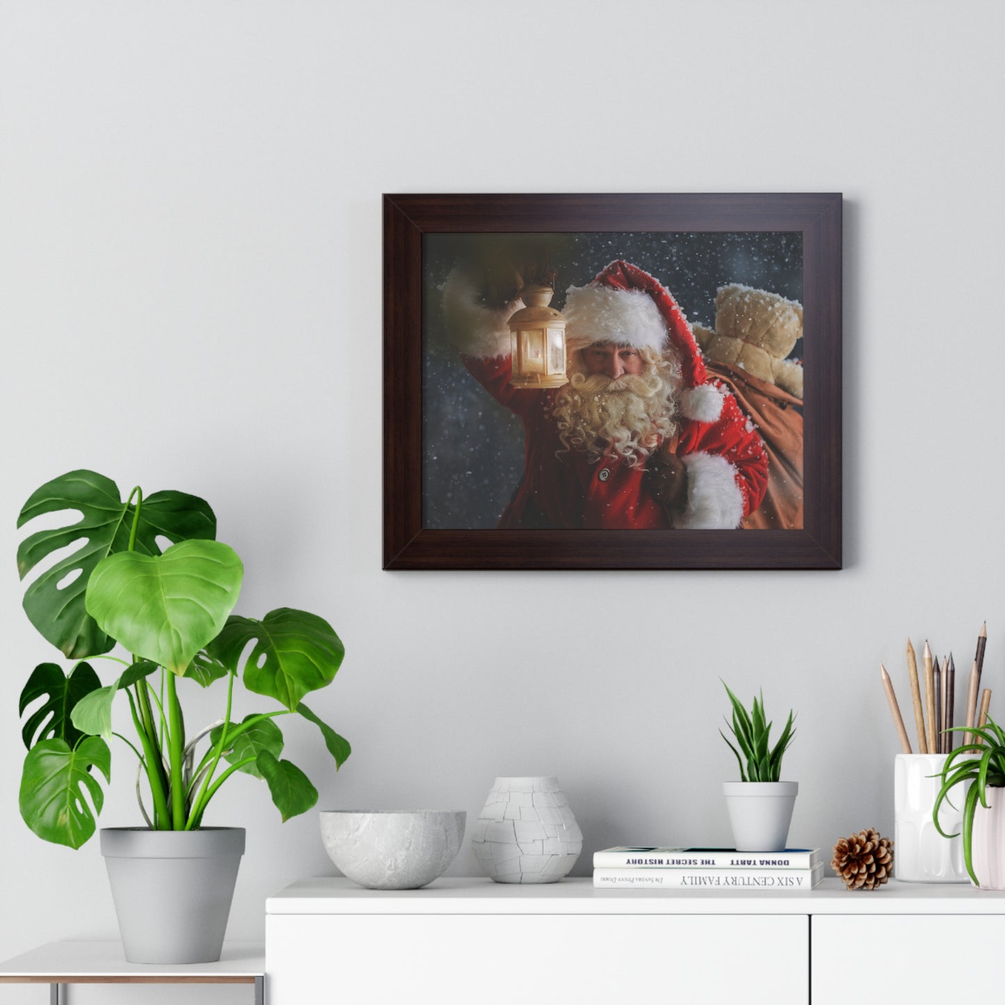 Christmas Wall Art Vintage Santa Claus with Lantern and Toy Bag | Vintage Mantle Art