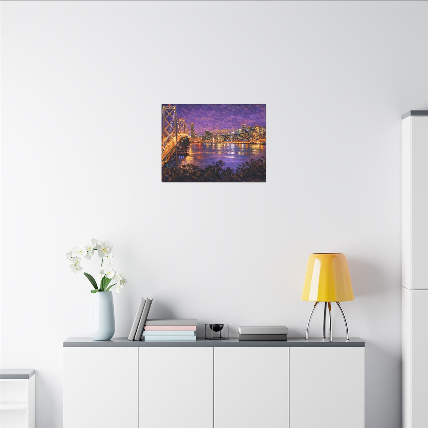 San Francisco Skyline Canvas Wall Art, Bay Bridge Night Painting, Impasto Style Artwork