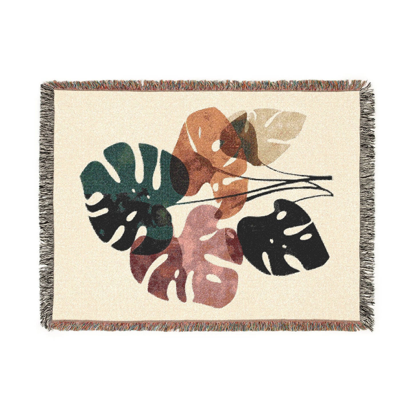 Boho Monstera Leaf Woven Throw Blanket | Botanical Home Decor