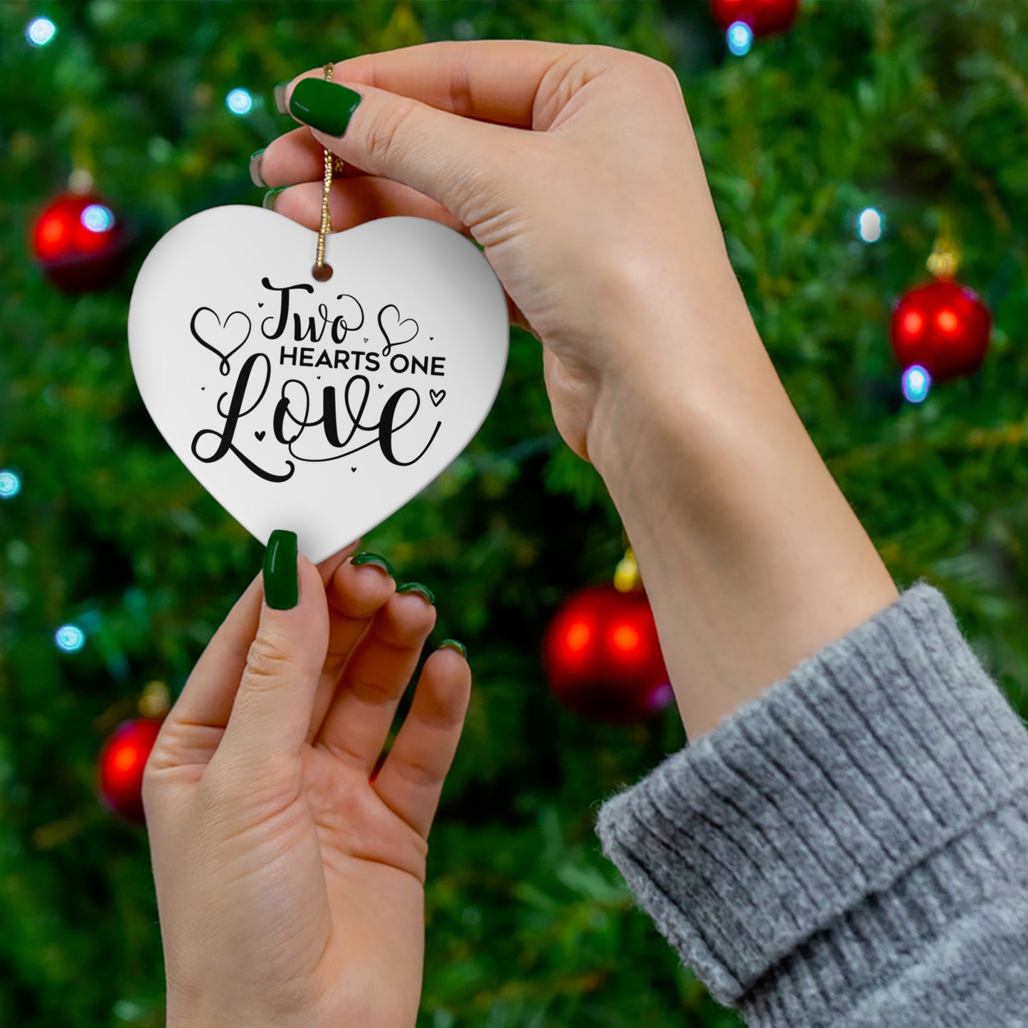 Two Hearts One Love Ceramic Ornament — Heart-Shaped Couples Keepsake