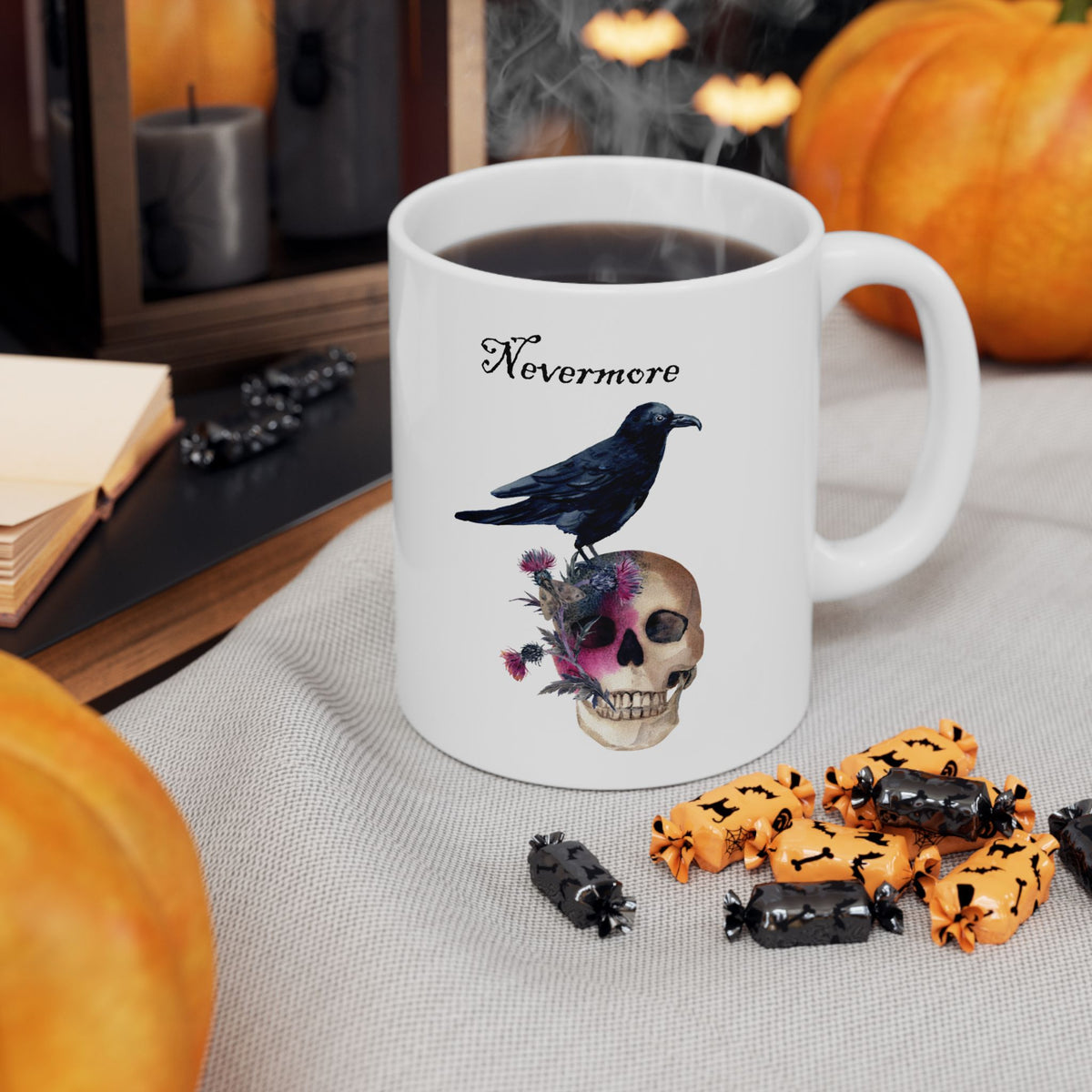 Halloween Mug - Raven Sitting on Skull Nevermore