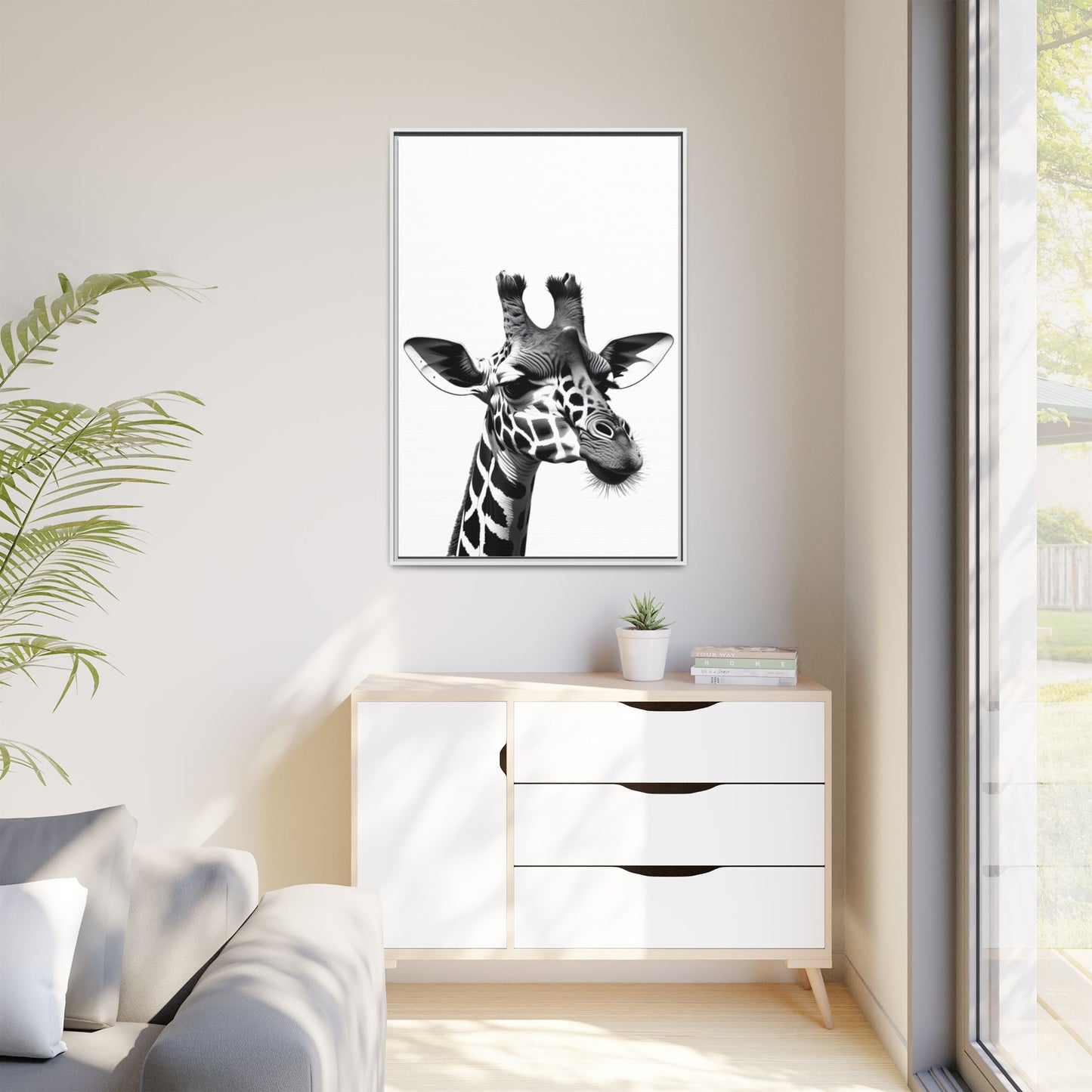 Black and White Giraffe Wall Art – Framed Safari Animal Canvas Print