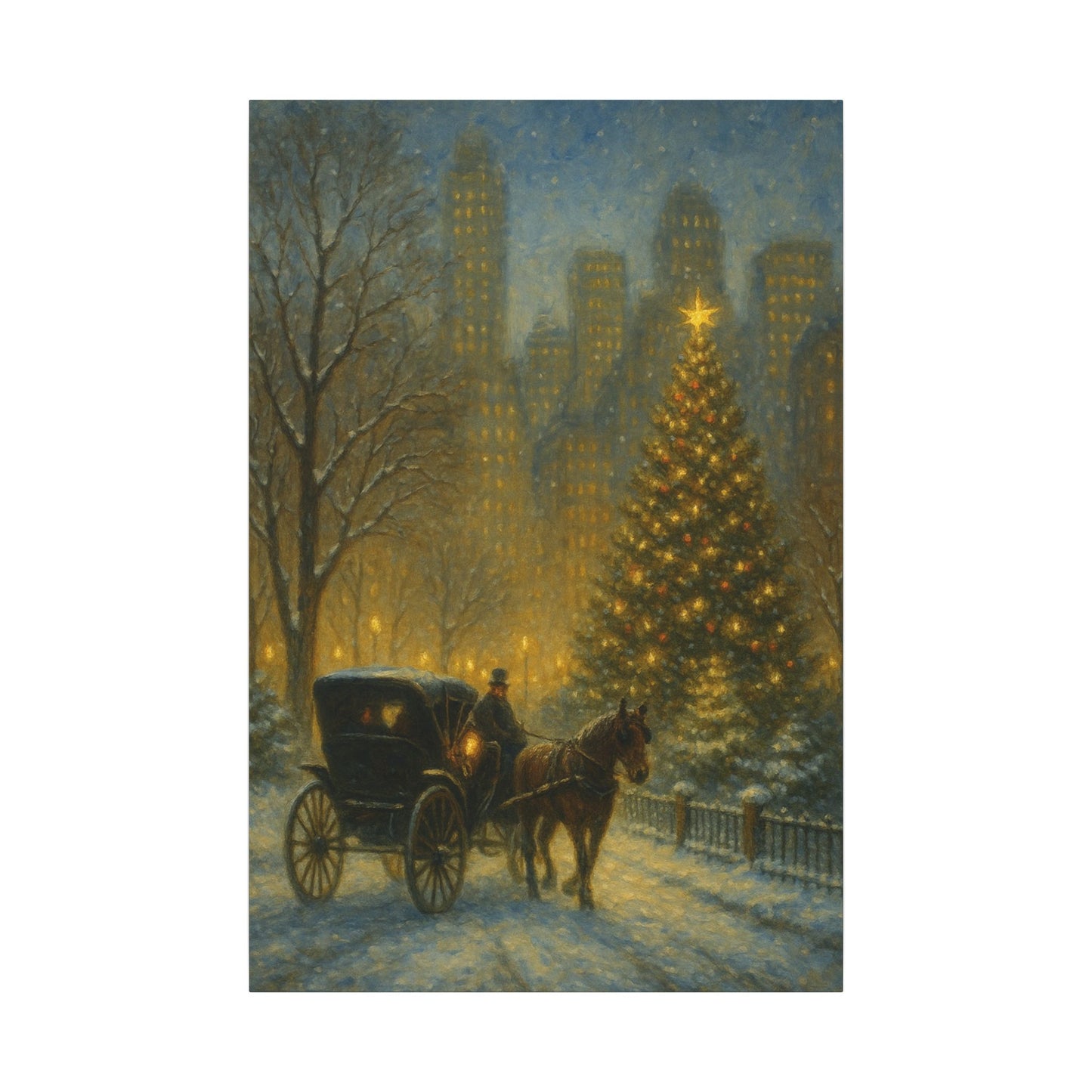 Vintage horse-drawn carriage in a snowy city street with a Christmas tree and tall buildings in the background.