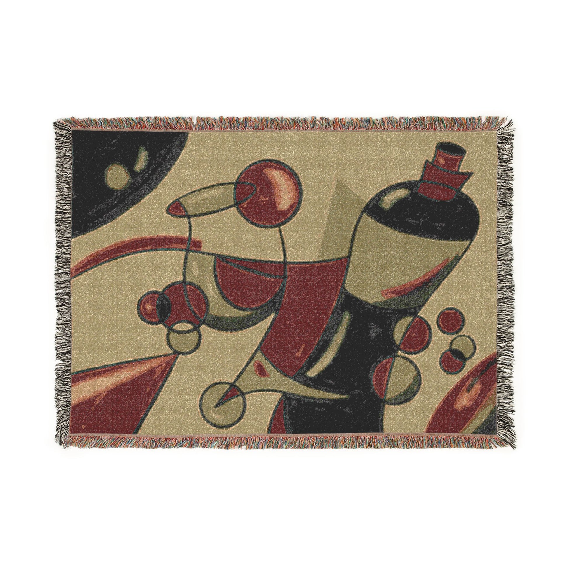 Woven blanket with abstract design of wine bottle and glass on beige background
