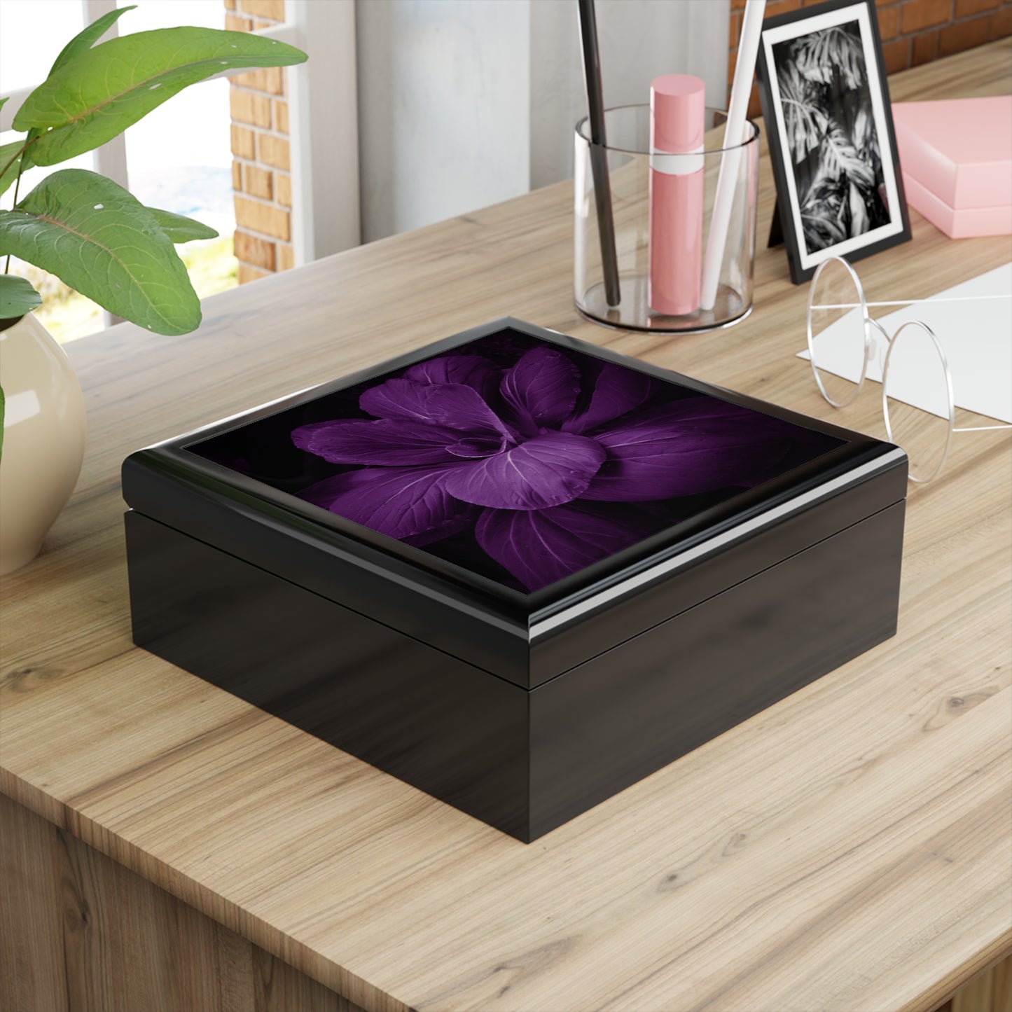 Dark Purple Flower Jewelry Box with Ceramic Tile Lid | Elegant Floral Keepsake Box