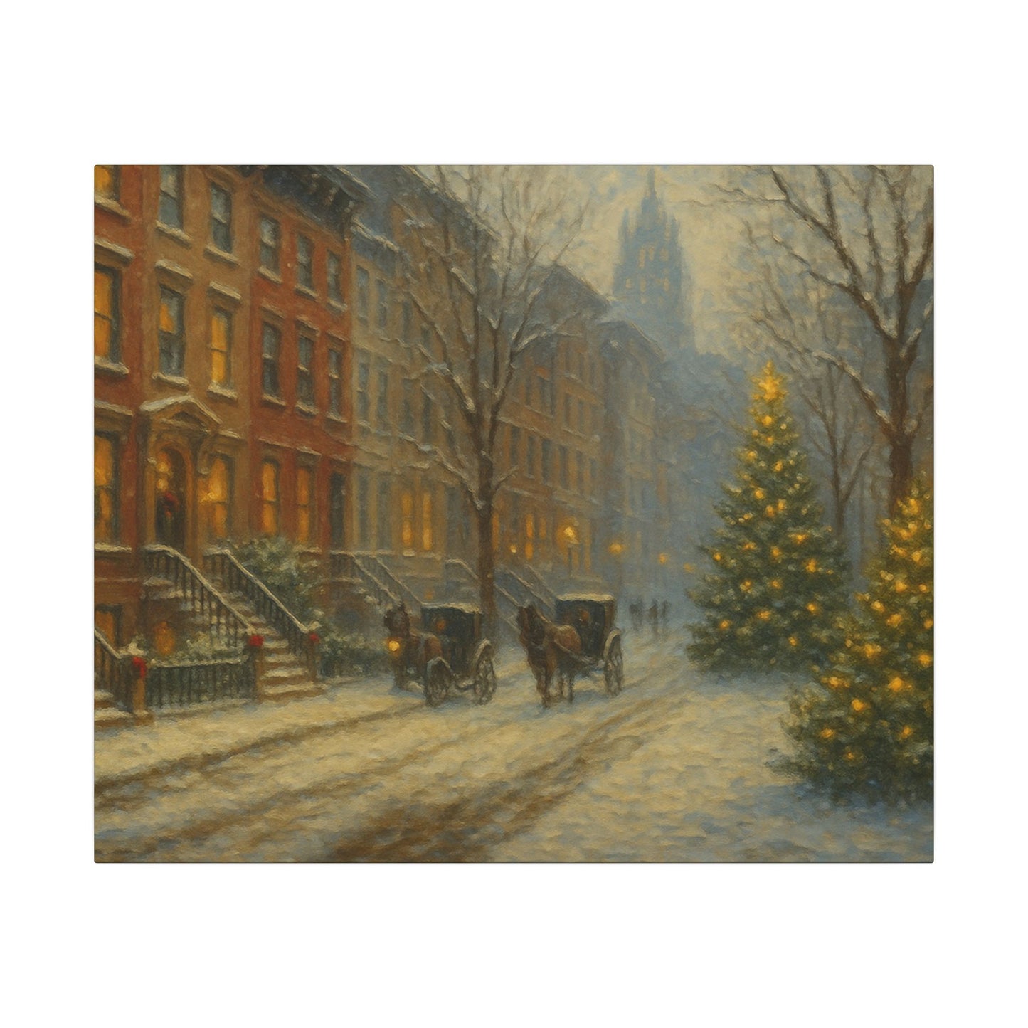 Painting of a snowy street scene with a horse-drawn carriage and Christmas trees.