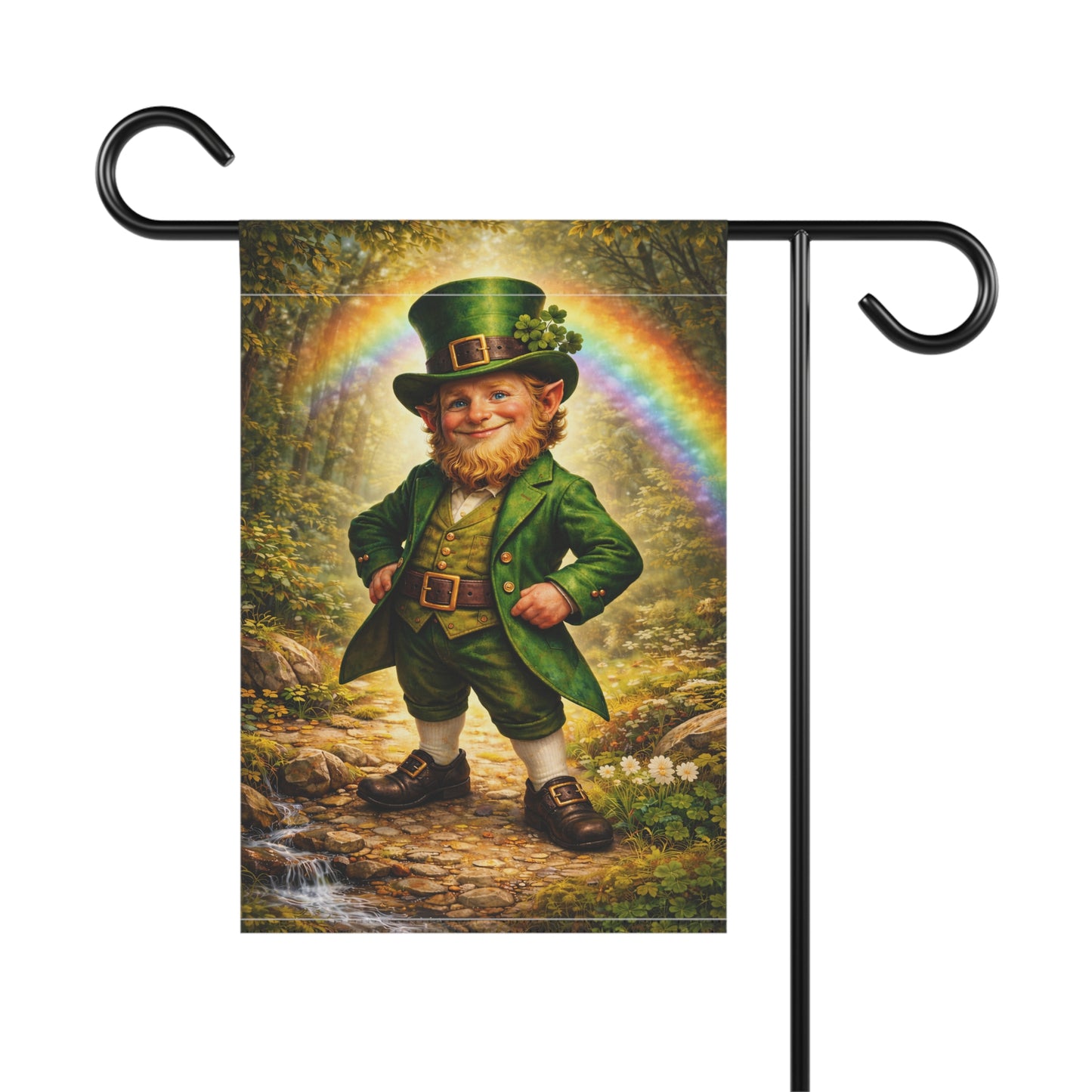 St. Patrick’s Day Leprechaun Garden Flag with Rainbow | Irish Lucky Leprechaun Yard Flag | Shamrock Spring Outdoor Decor