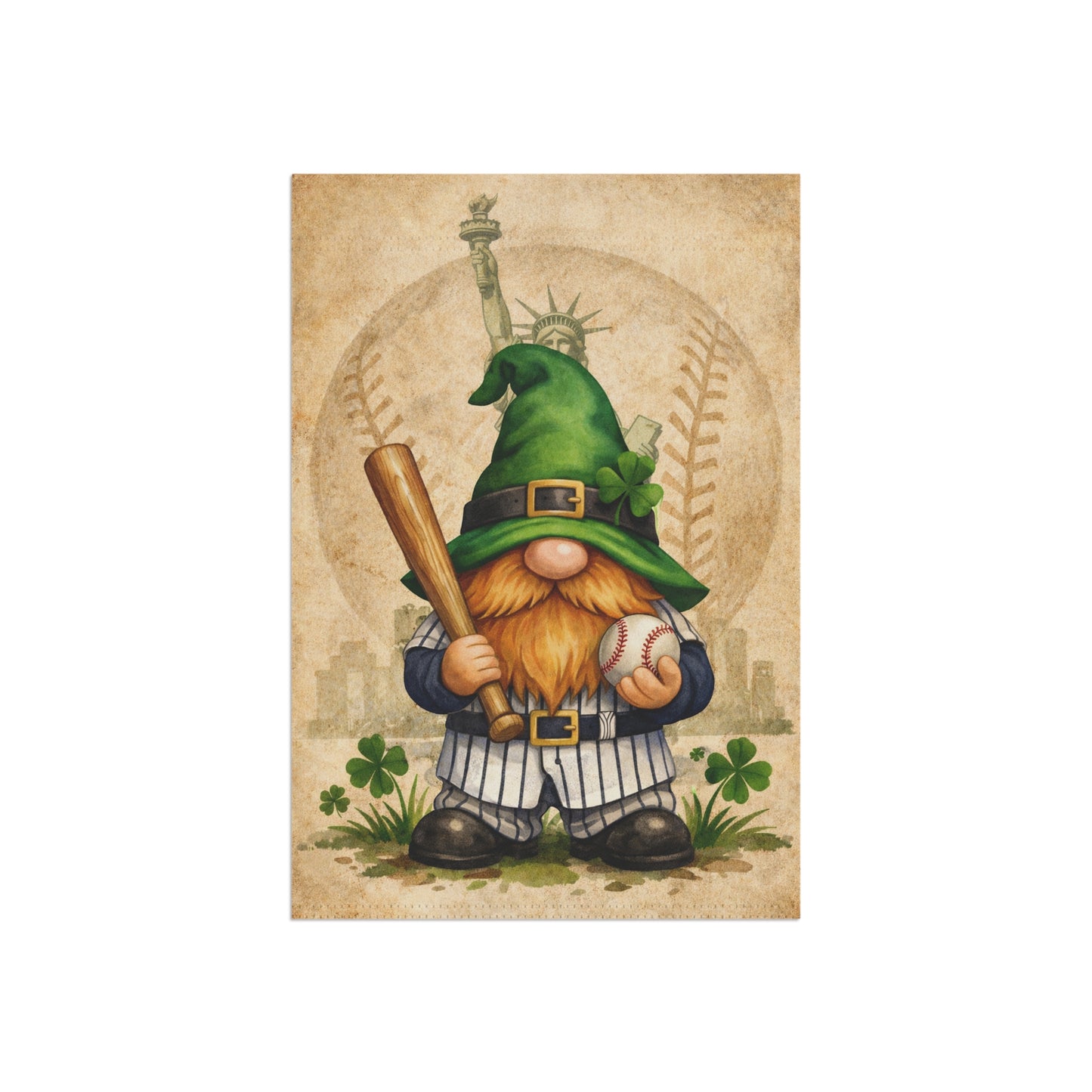 Gnome in a baseball uniform holding a bat and ball on a vintage-style background