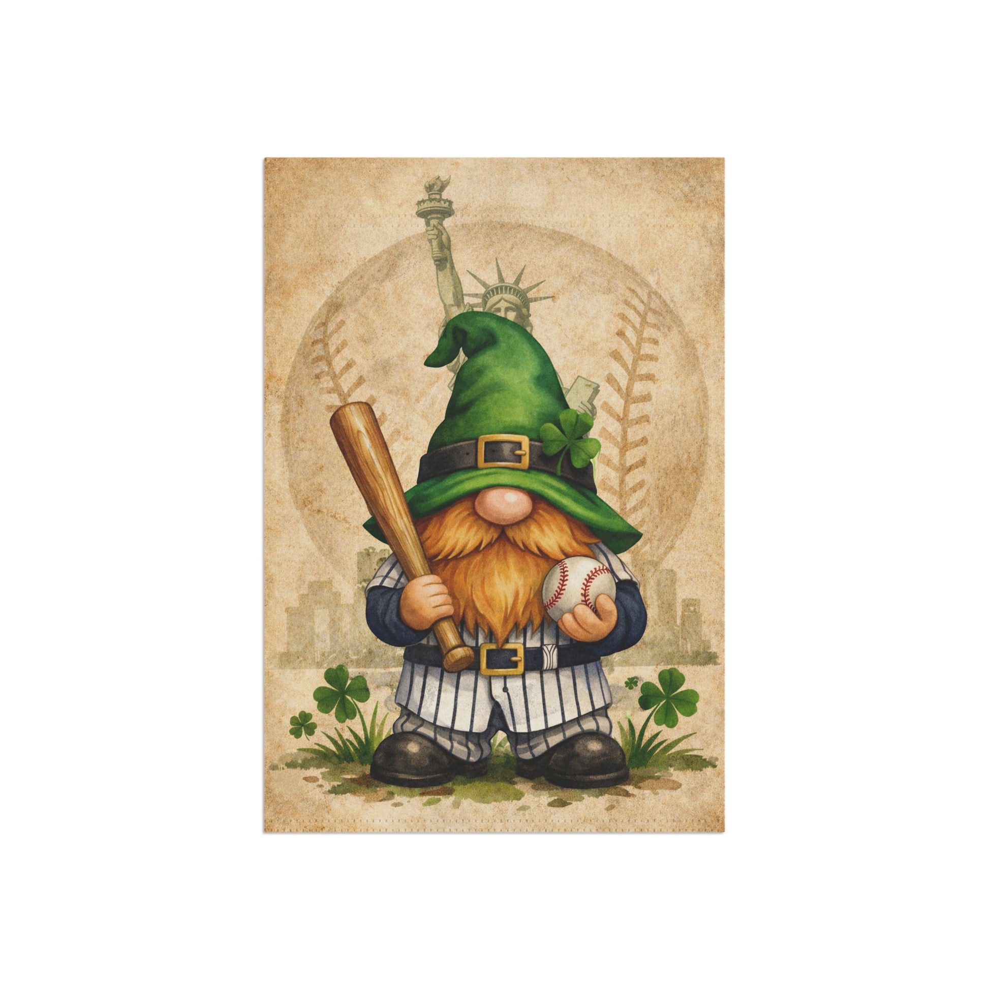 Gnome in a baseball uniform holding a bat and ball on a vintage-style background