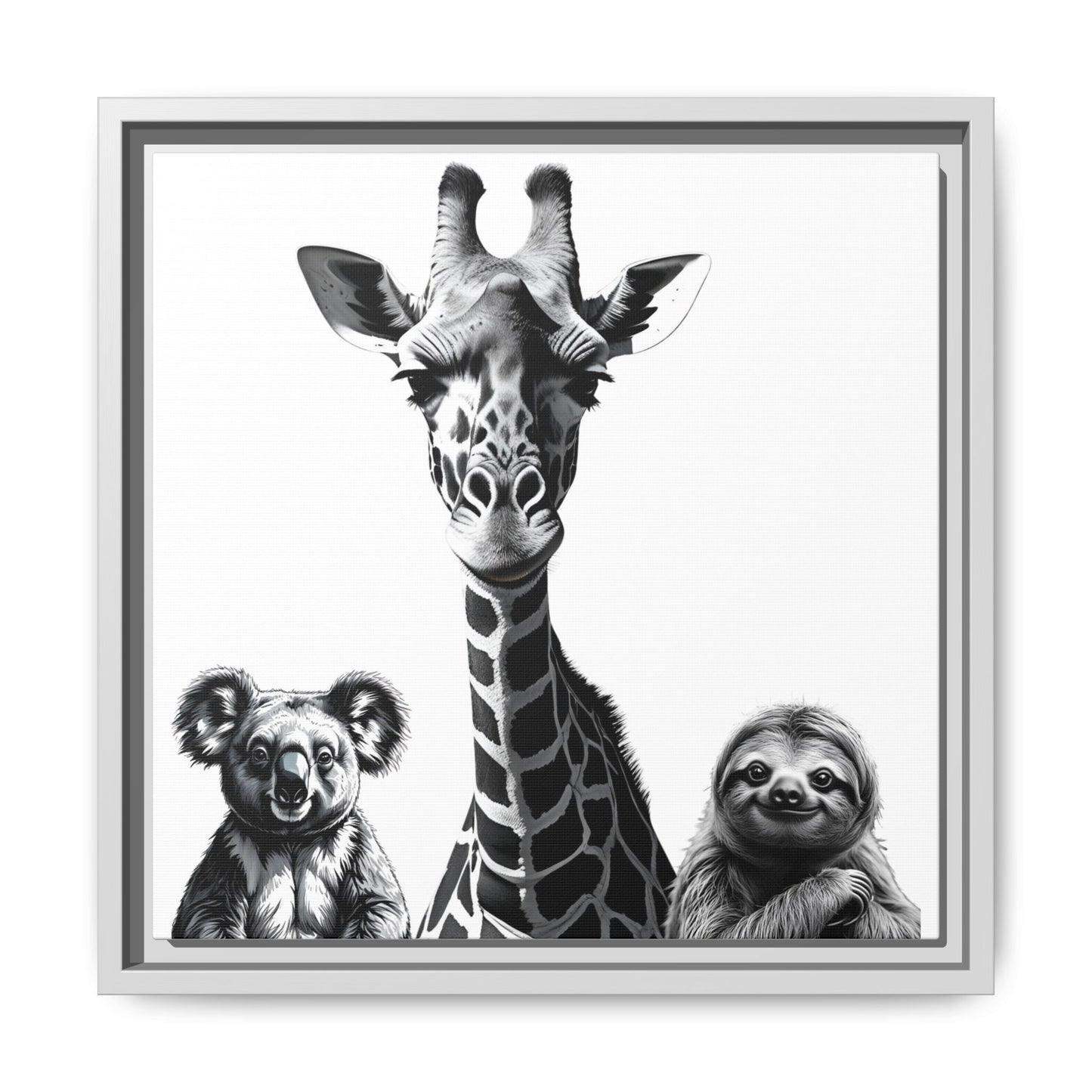 Framed artwork of a giraffe, koala, and sloth on a white background