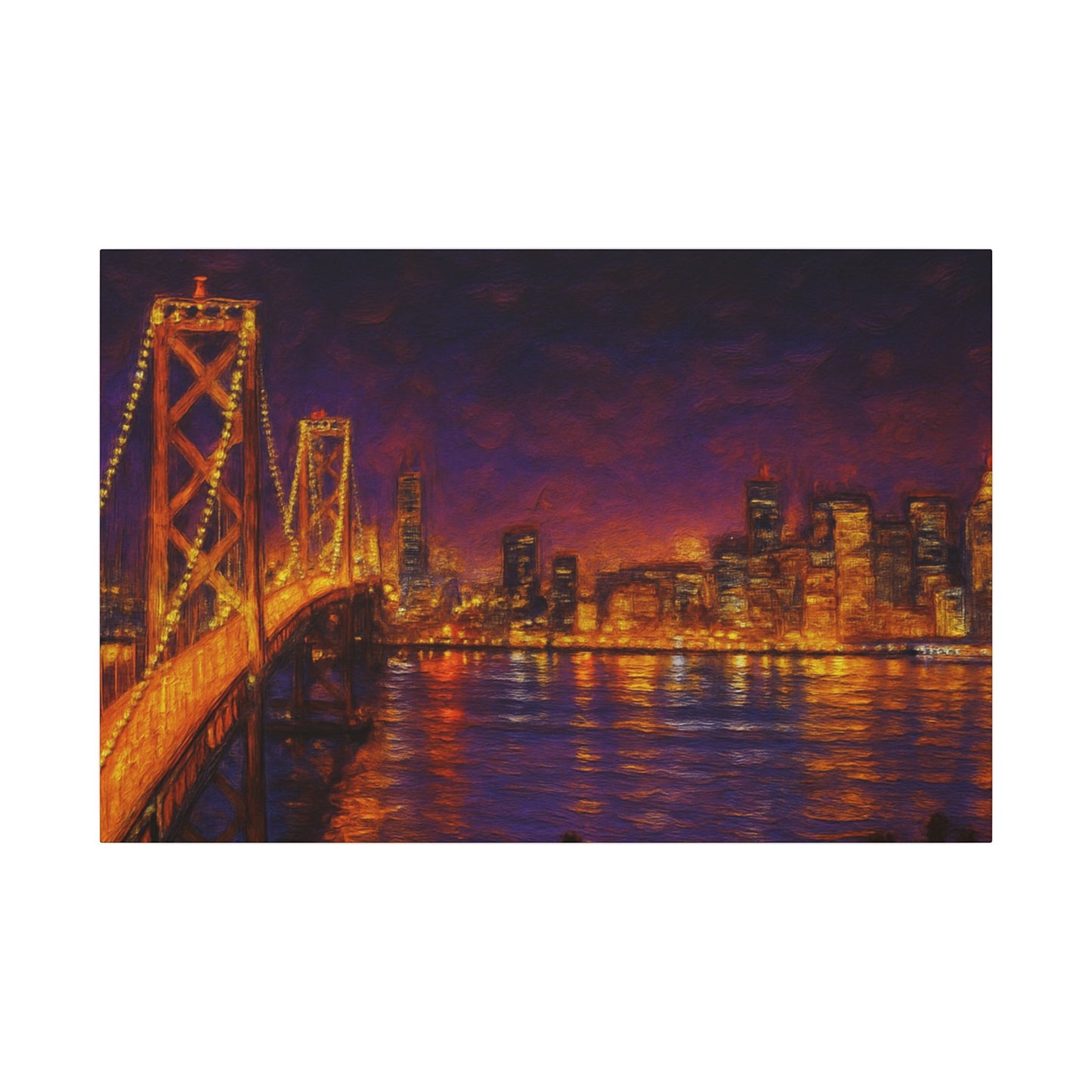 City skyline with a bridge at night, illuminated by lights.